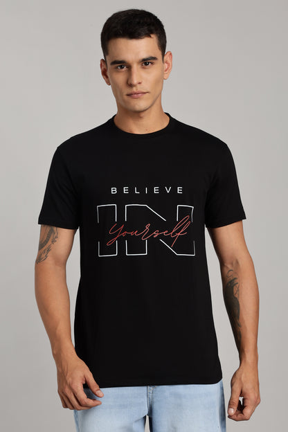 Believe in - Black Cotton Printed T-Shirt