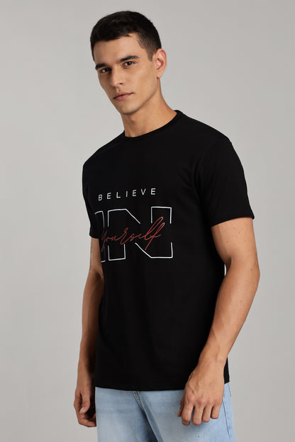 Believe in - Black Cotton Printed T-Shirt