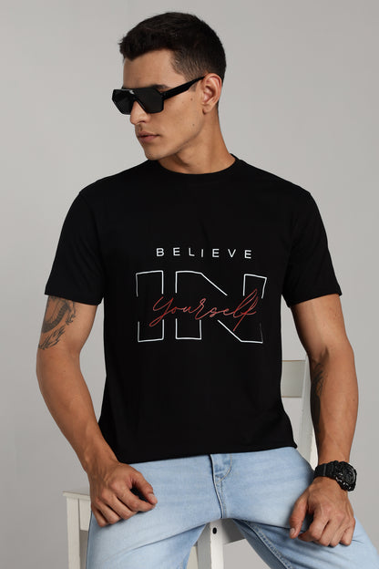 Believe in - Black Cotton Printed T-Shirt