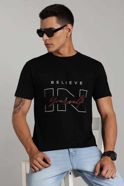 Believe in - Black Cotton Printed T-Shirt
