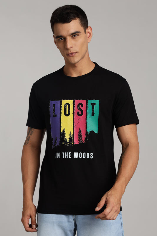 Lost in The Woods - Black Cotton Printed T-Shirt