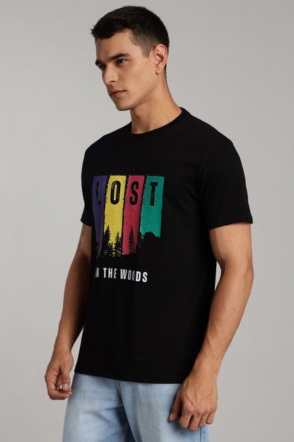 Lost in The Woods - Black Cotton Printed T-Shirt