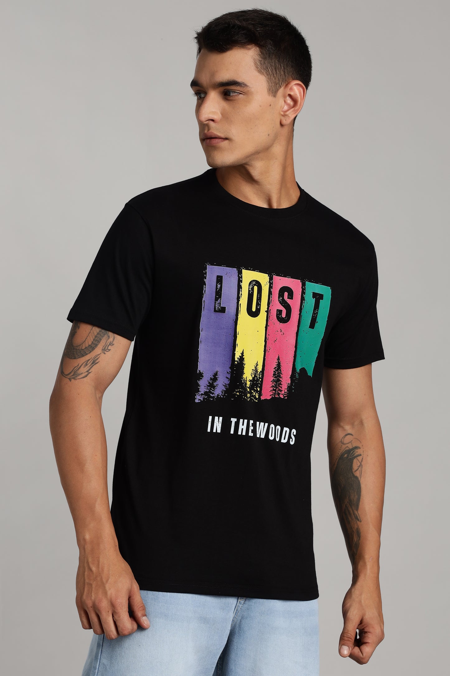Lost in The Woods - Black Cotton Printed T-Shirt