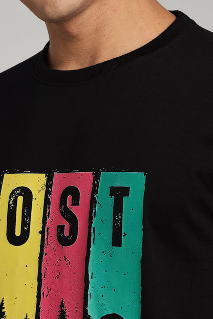 Lost in The Woods - Black Cotton Printed T-Shirt