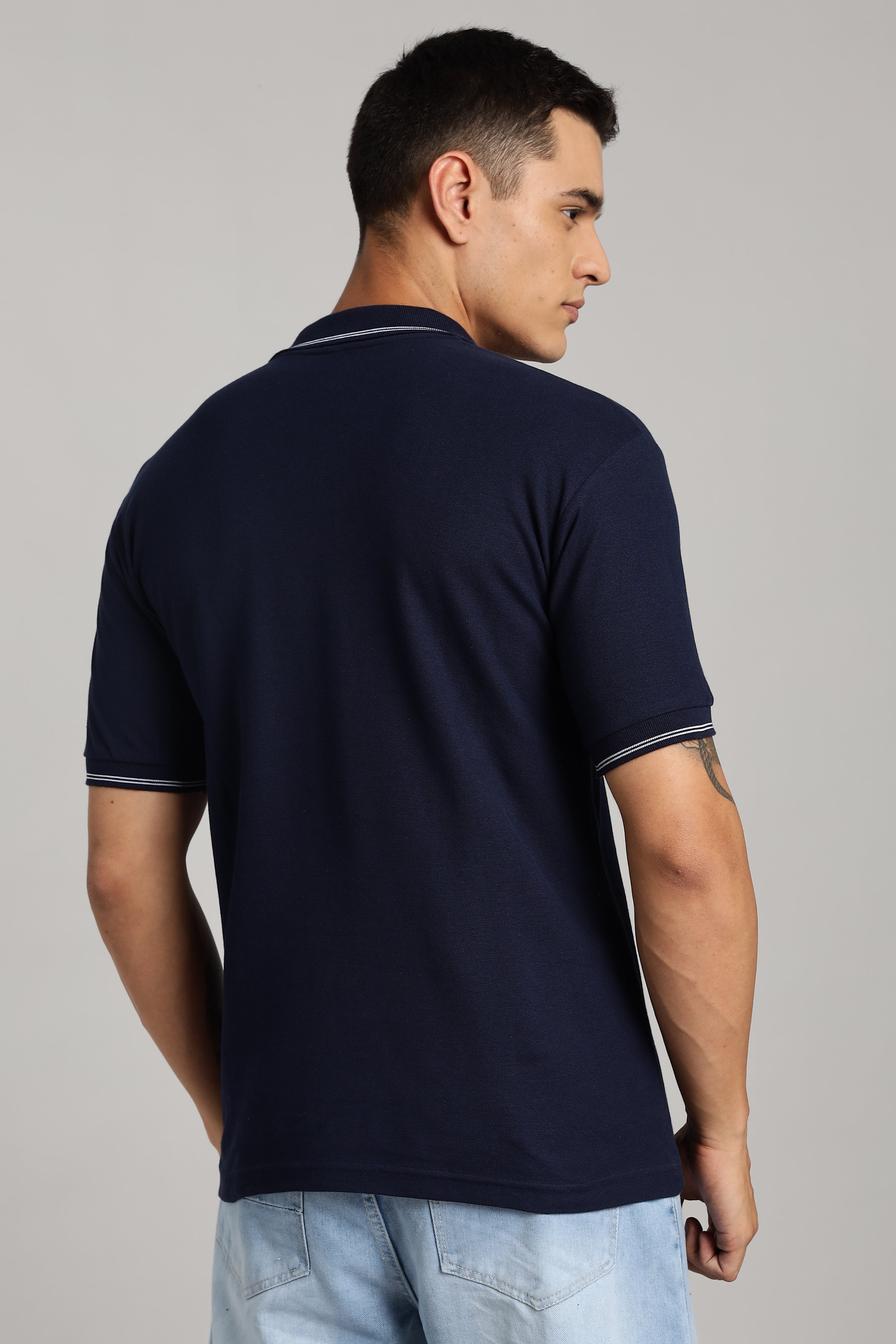 Polo T-shirt | Navy Blue Colour with White Dual Tipping | Honeycomb Weave Fabric