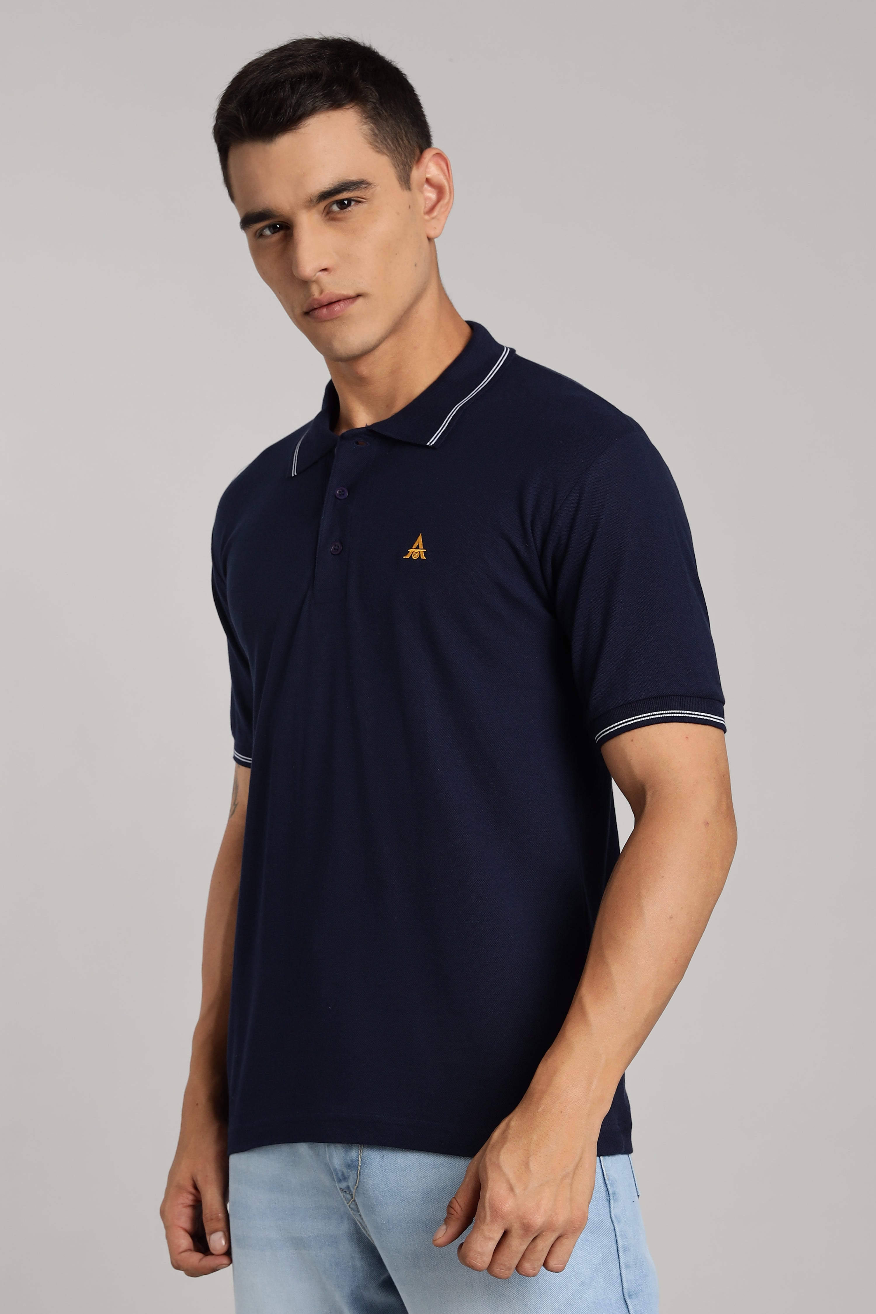 Polo T-shirt | Navy Blue Colour with White Dual Tipping | Honeycomb Weave Fabric