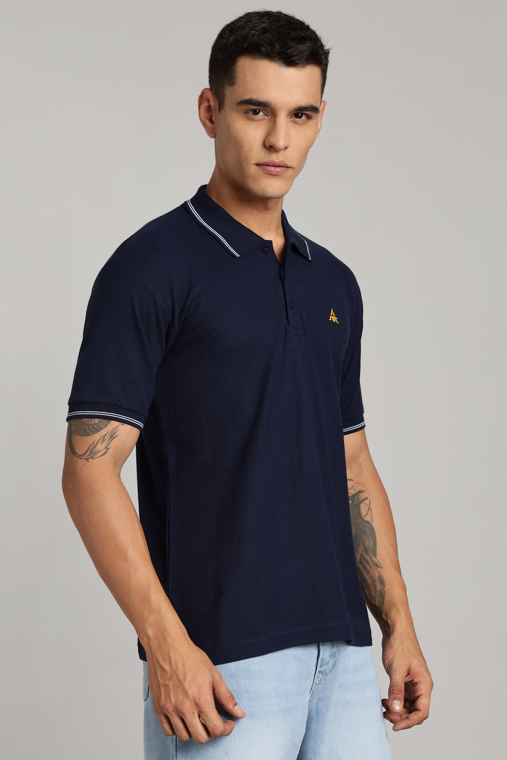 Polo T-shirt | Navy Blue Colour with White Dual Tipping | Honeycomb Weave Fabric