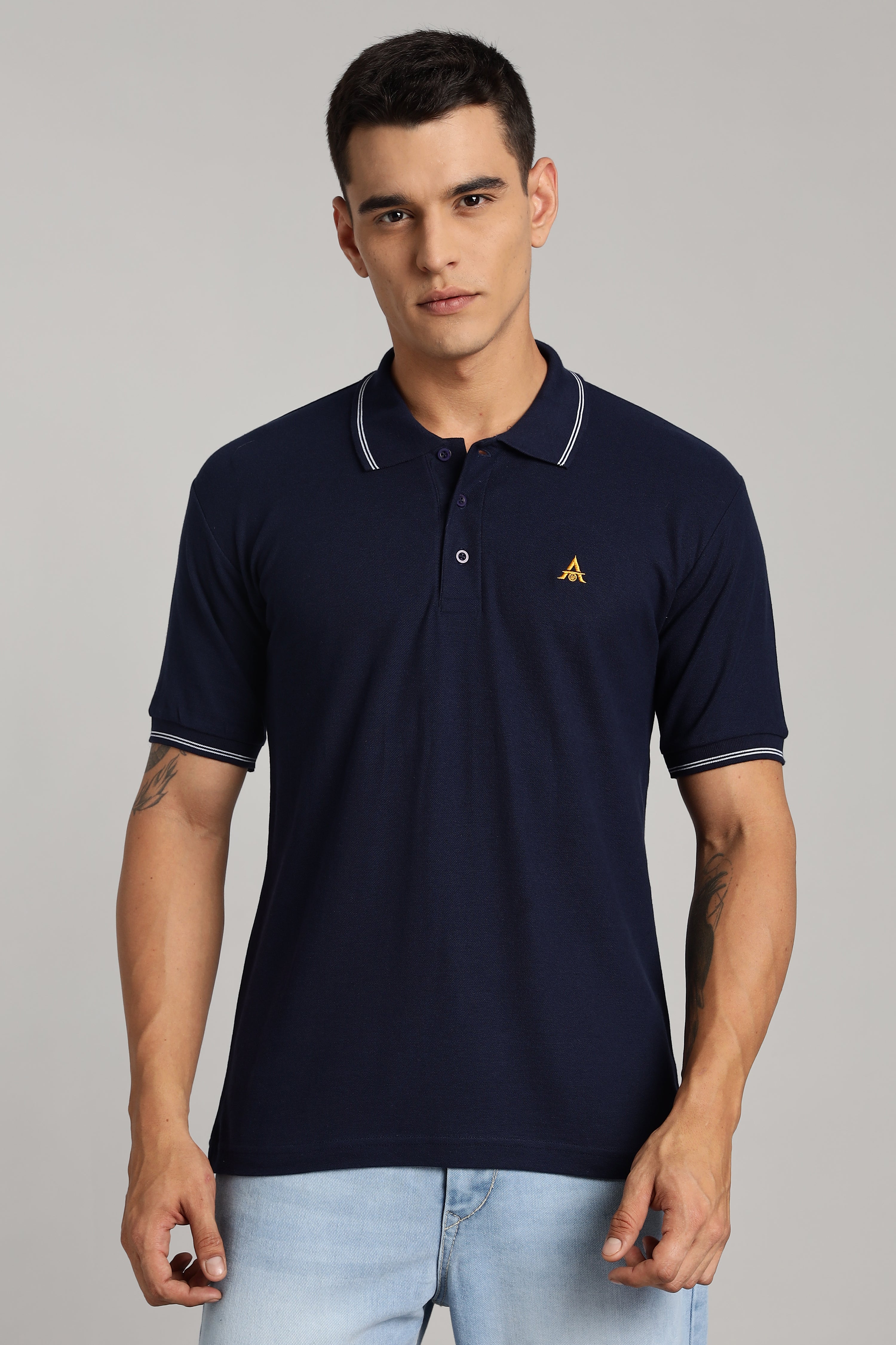 Polo T-shirt | Navy Blue Colour with White Dual Tipping | Honeycomb Weave Fabric