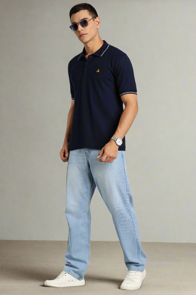 Polo T-shirt | Navy Blue Colour with White Dual Tipping | Honeycomb Weave Fabric