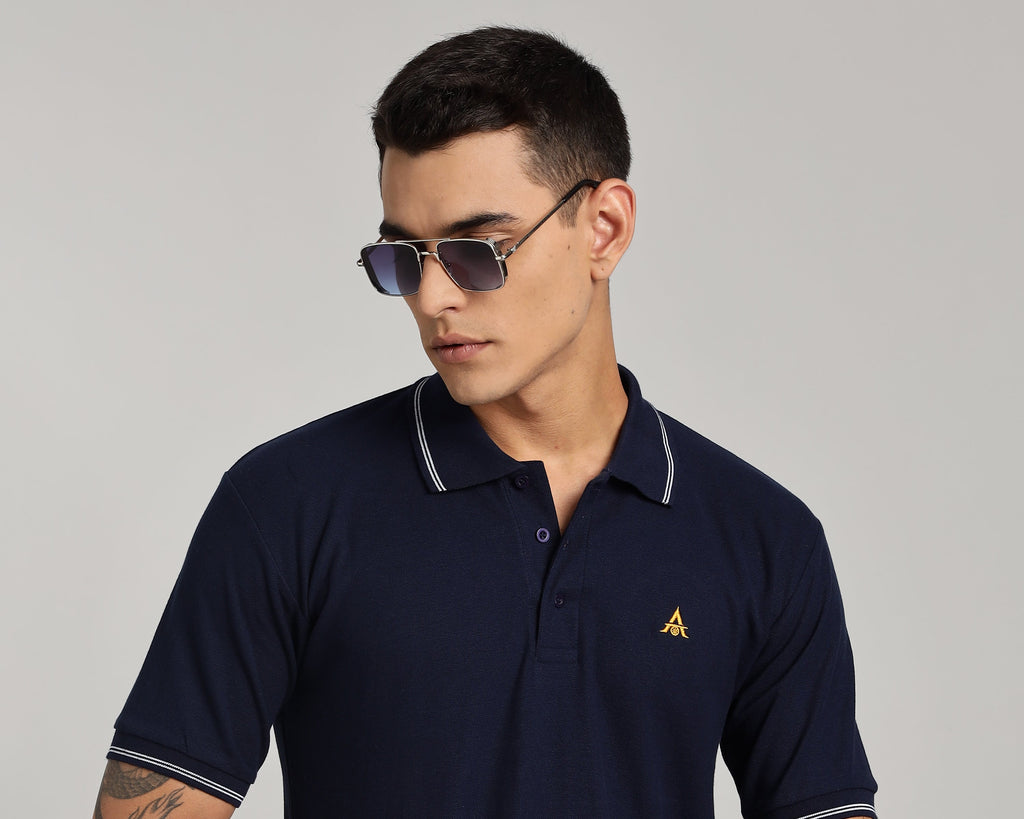 Polo T-shirt | Navy Blue Colour with White Dual Tipping | Honeycomb Weave Fabric