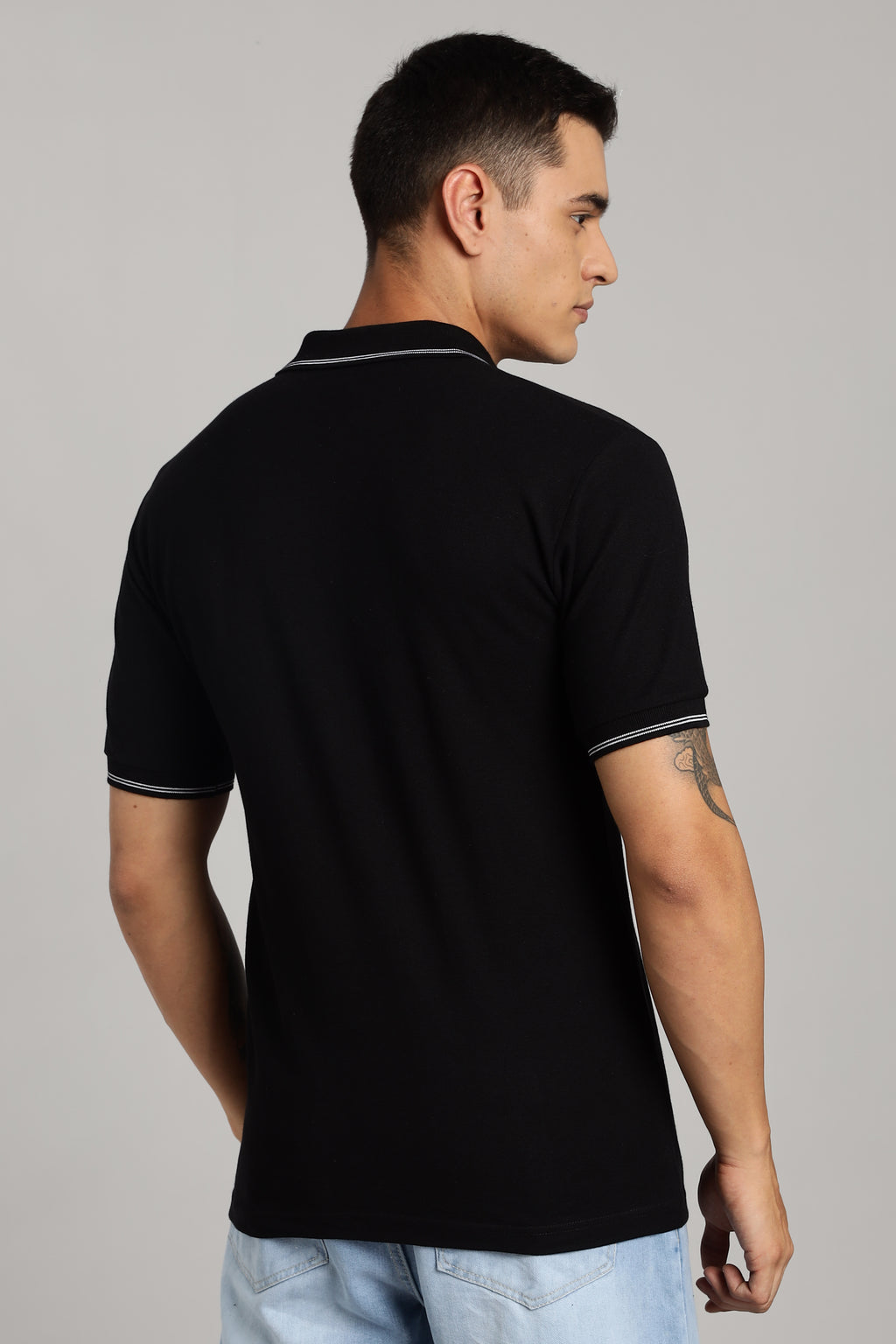 Polo T-shirt | Black Colour with White Dual Tipping | Honeycomb Weave Fabric