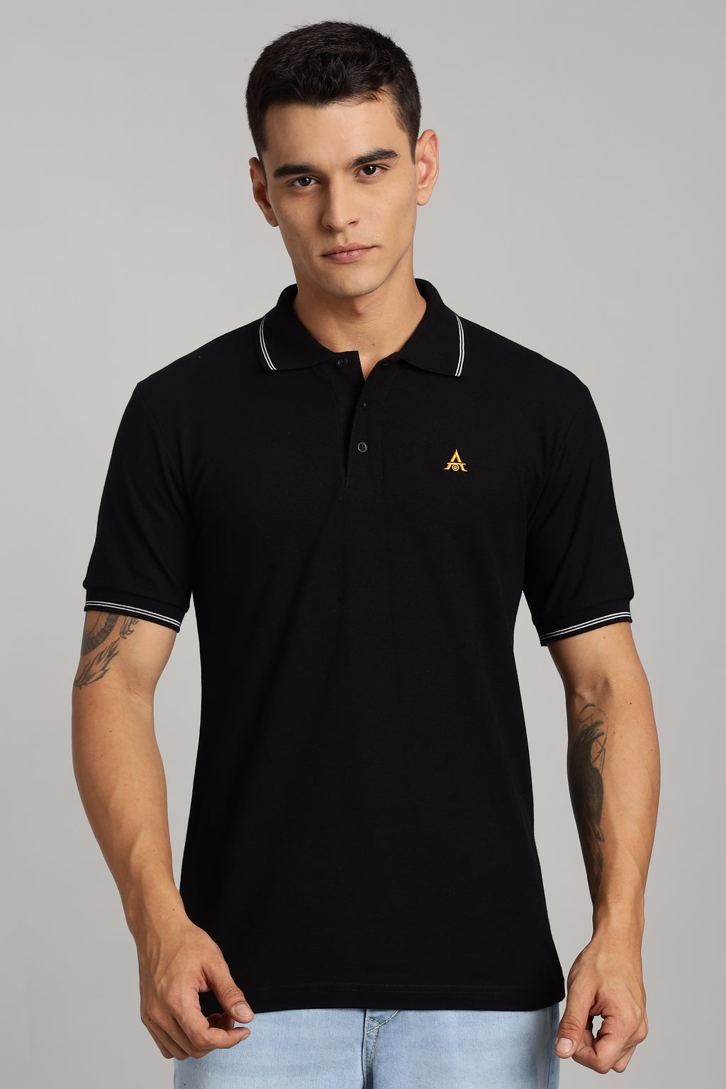 Polo T-shirt | Black Colour with White Dual Tipping | Honeycomb Weave Fabric