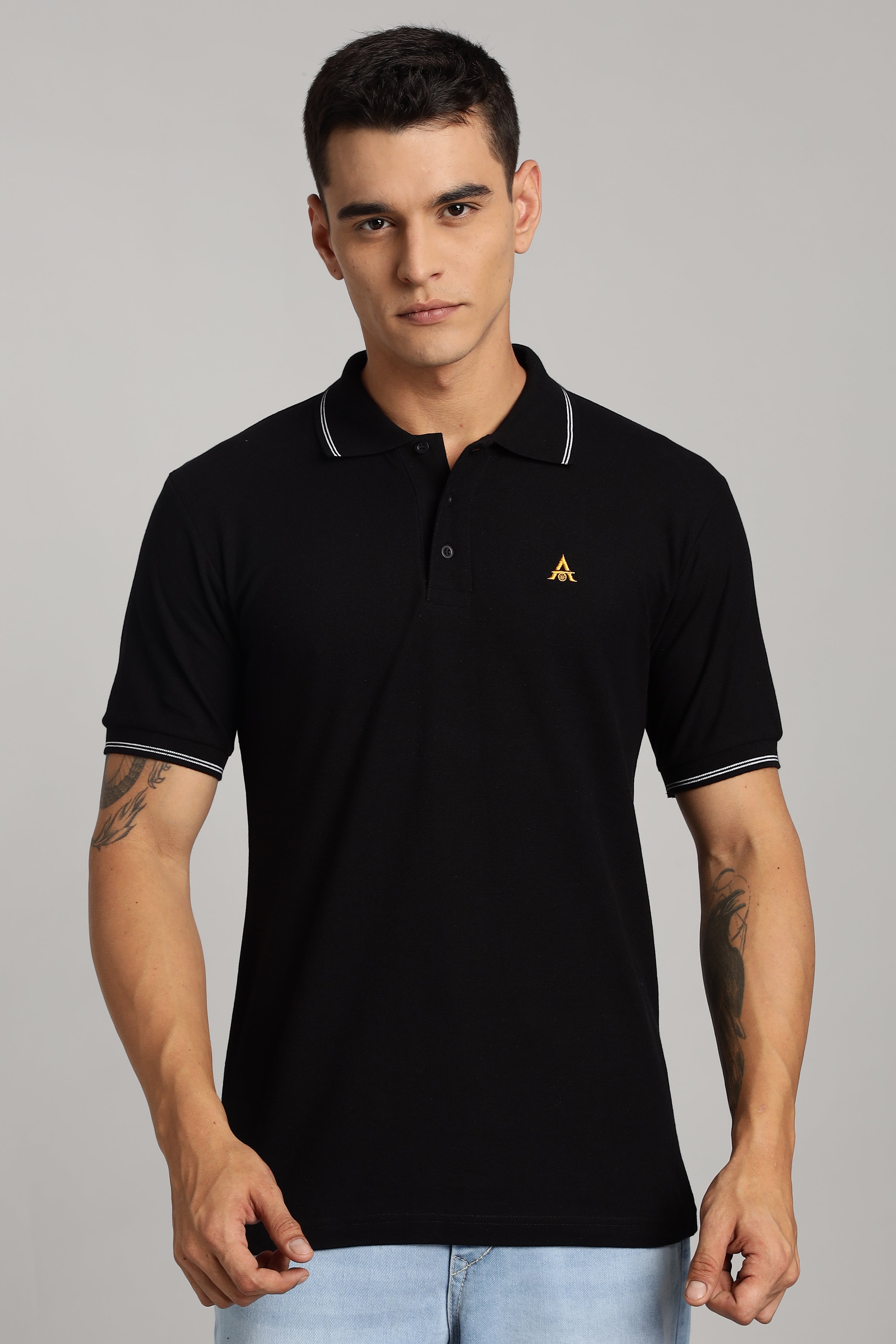 Polo T-shirt | Black Colour with White Dual Tipping | Honeycomb Weave Fabric