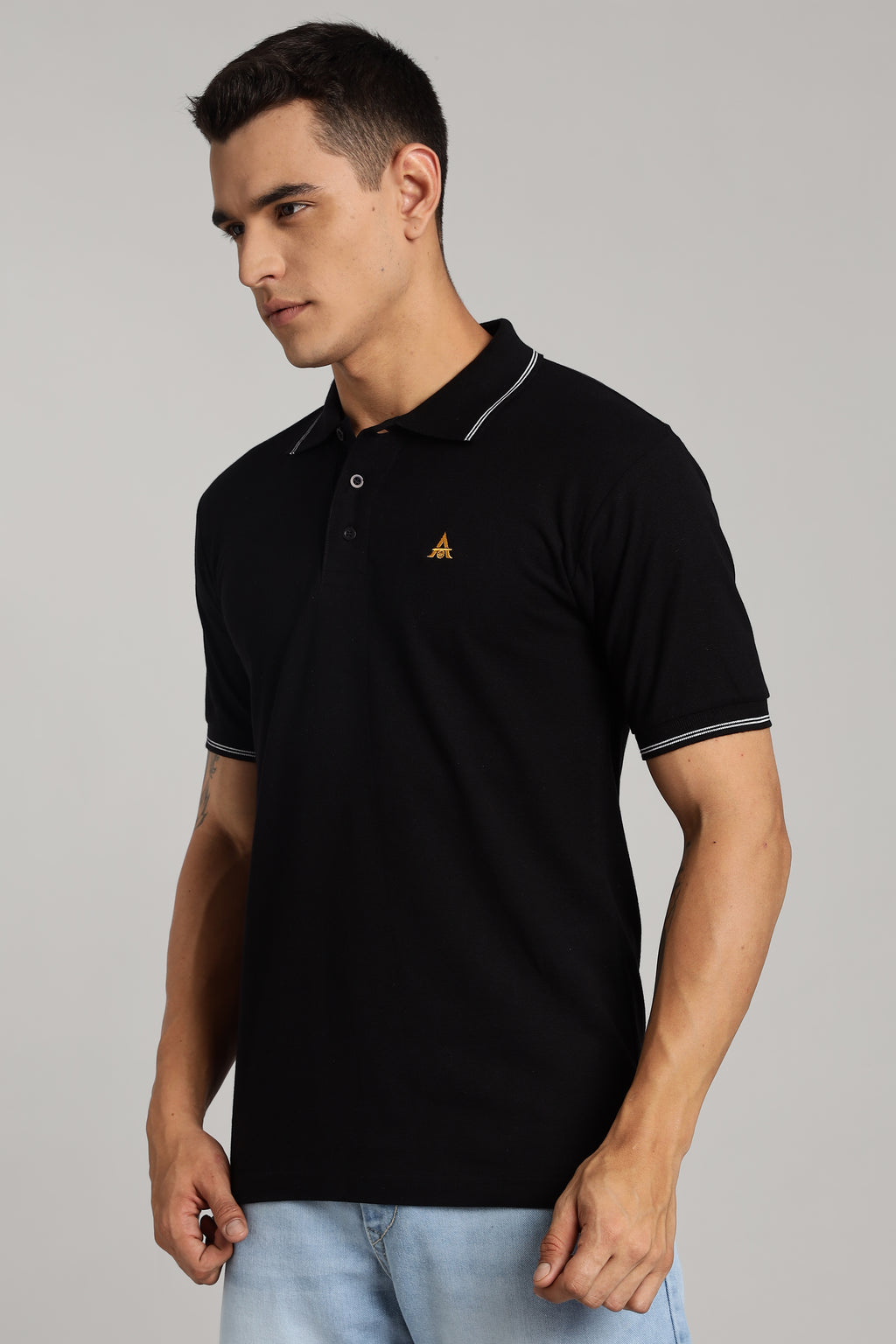 Polo T-shirt | Black Colour with White Dual Tipping | Honeycomb Weave Fabric