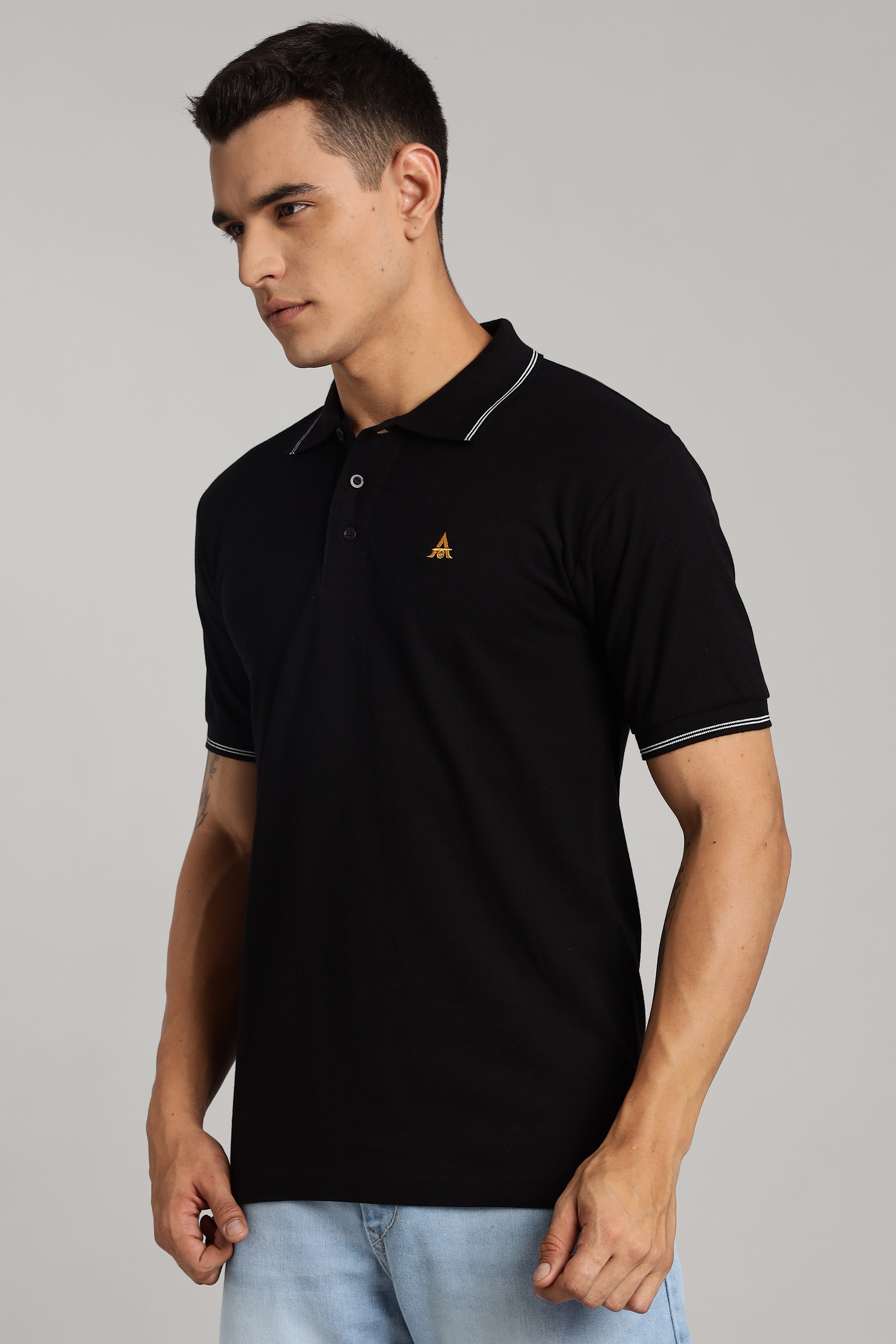 Polo T-shirt | Black Colour with White Dual Tipping | Honeycomb Weave Fabric
