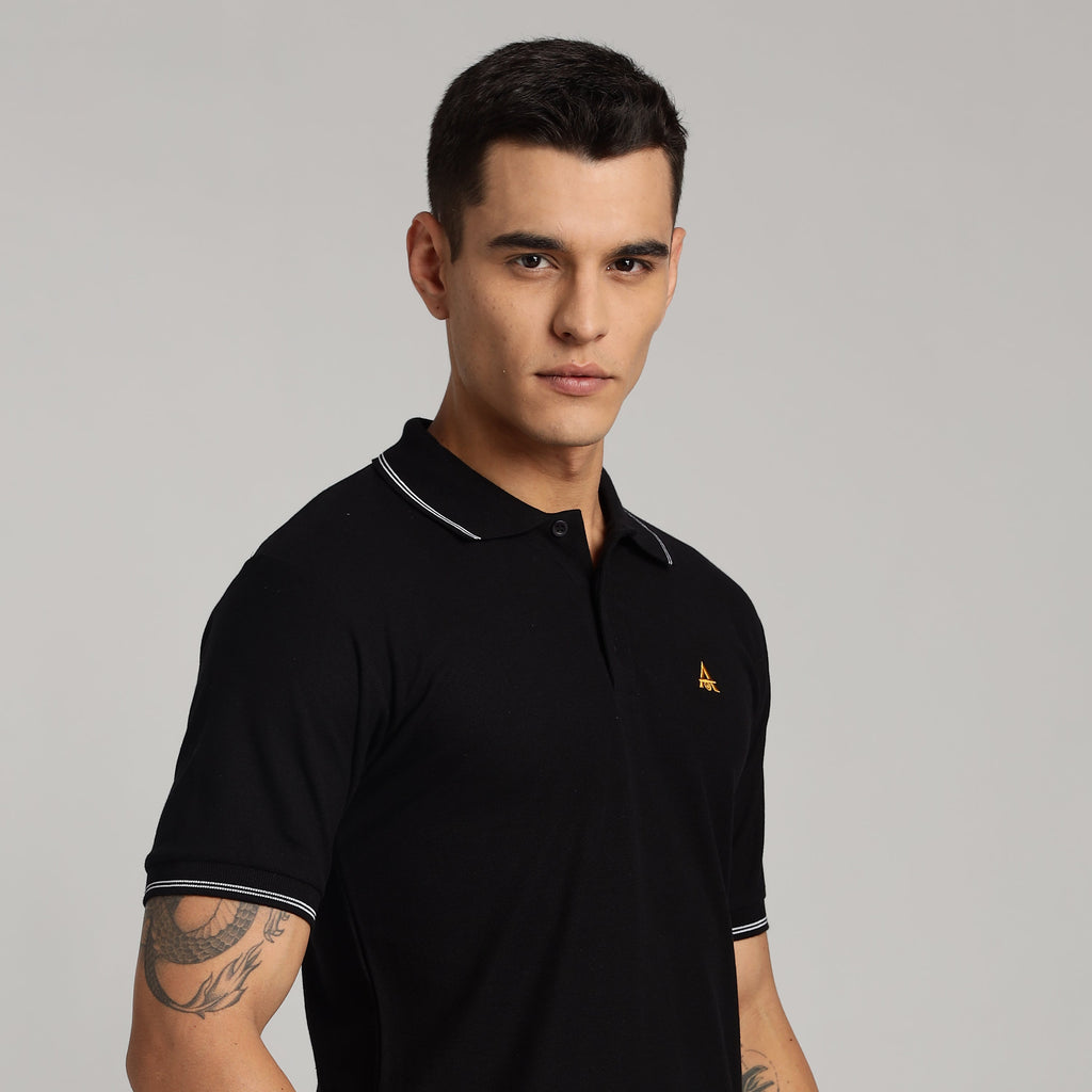 Polo T-shirt | Black Colour with White Dual Tipping | Honeycomb Weave Fabric