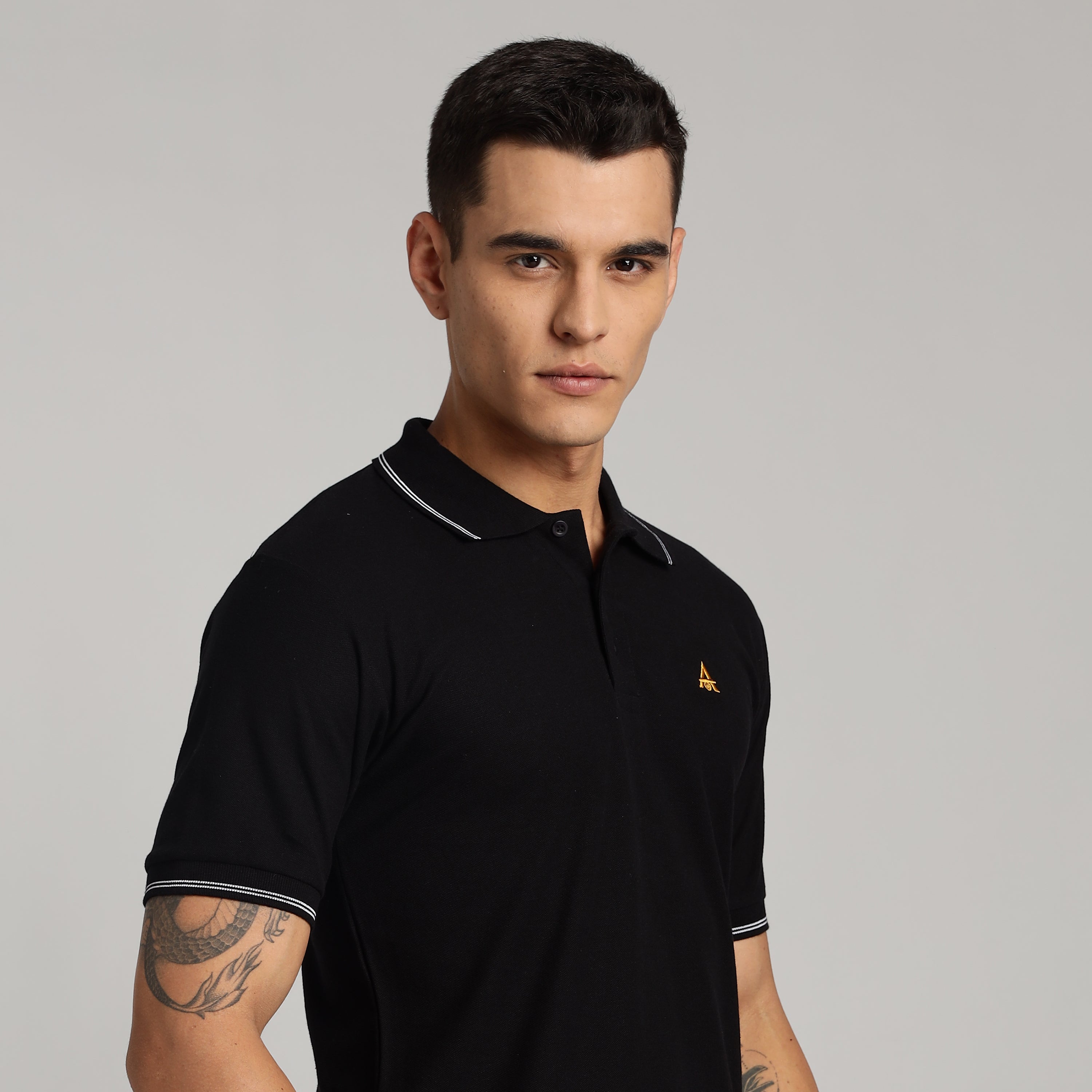 Polo T-shirt | Black Colour with White Dual Tipping | Honeycomb Weave Fabric