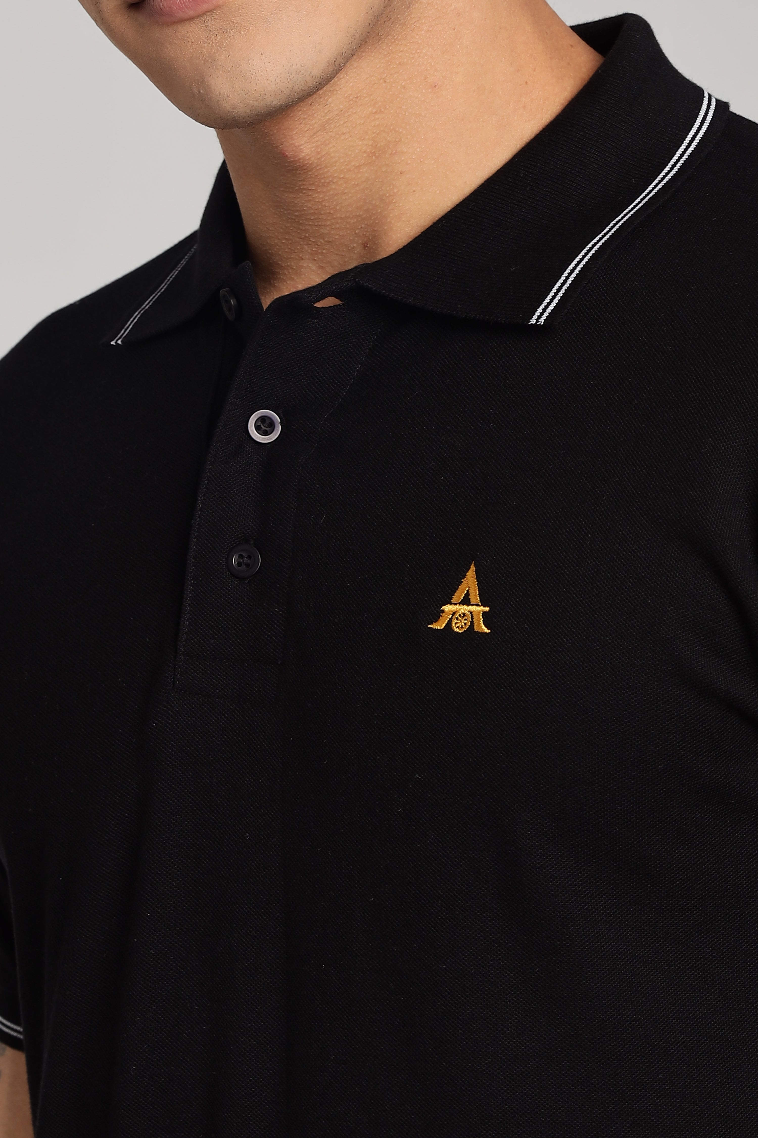 Polo T-shirt | Black Colour with White Dual Tipping | Honeycomb Weave Fabric