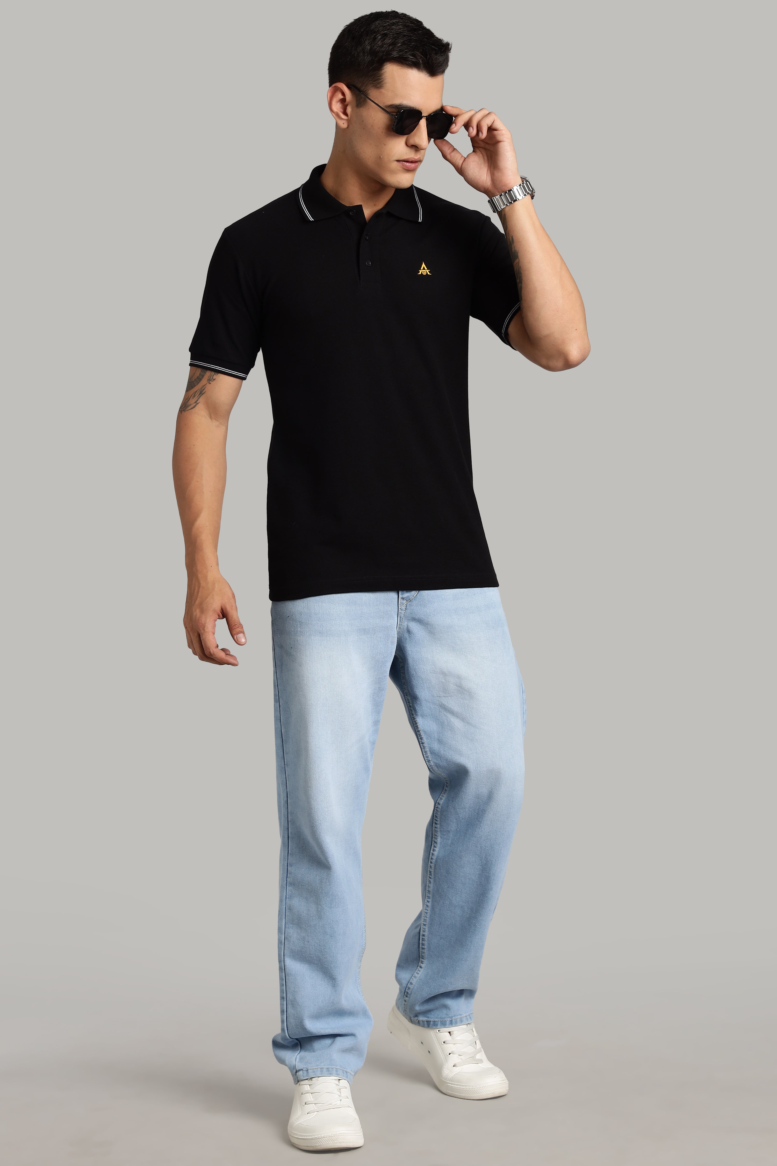 Polo T-shirt | Black Colour with White Dual Tipping | Honeycomb Weave Fabric