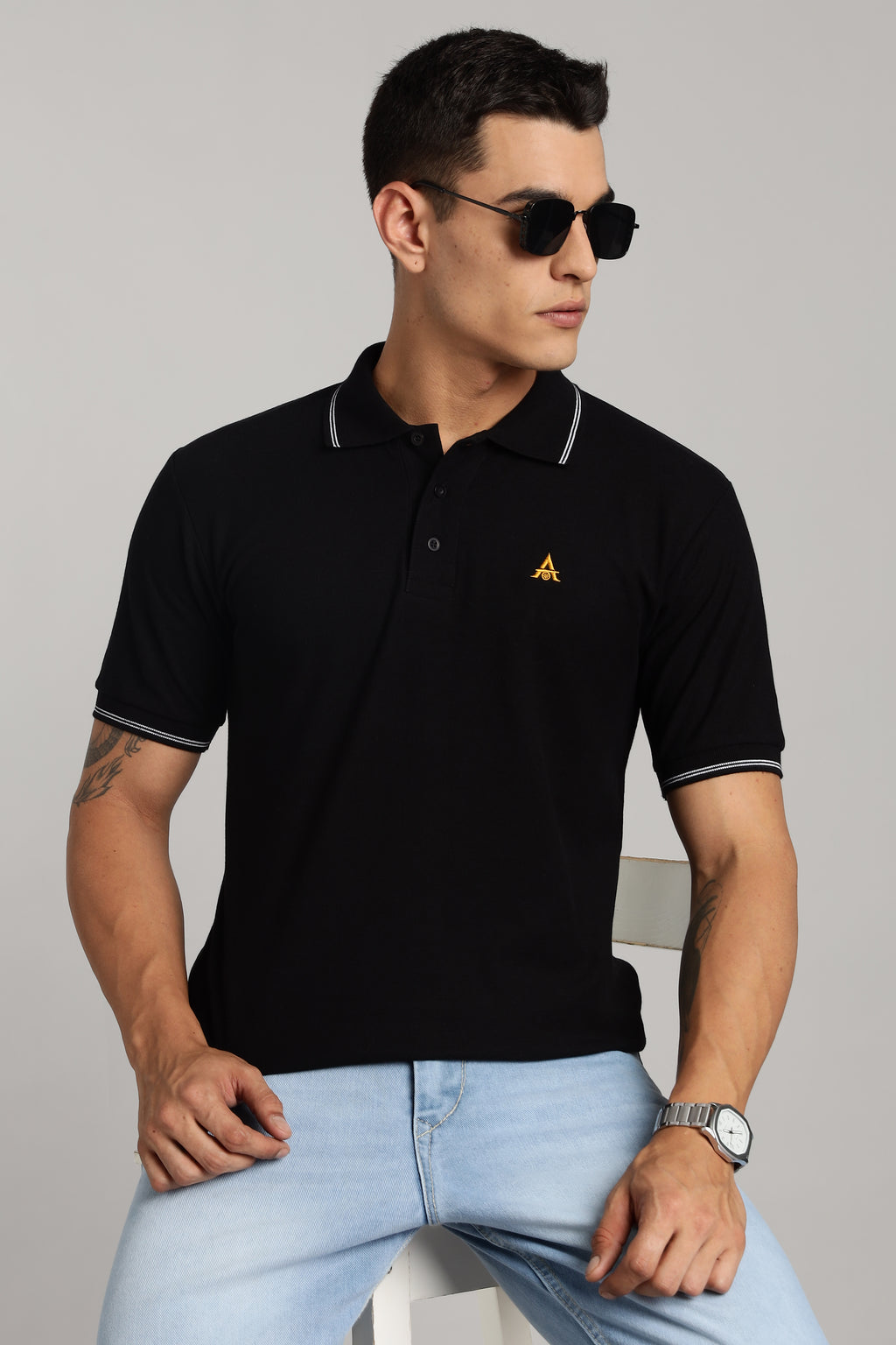 Polo T-shirt | Black Colour with White Dual Tipping | Honeycomb Weave Fabric