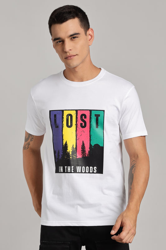 Lost in The Woods - White Cotton Printed T-Shirt