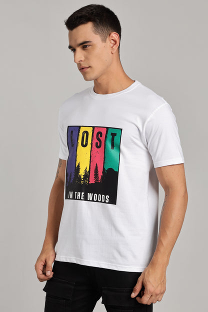 Lost in The Woods - White Cotton Printed T-Shirt