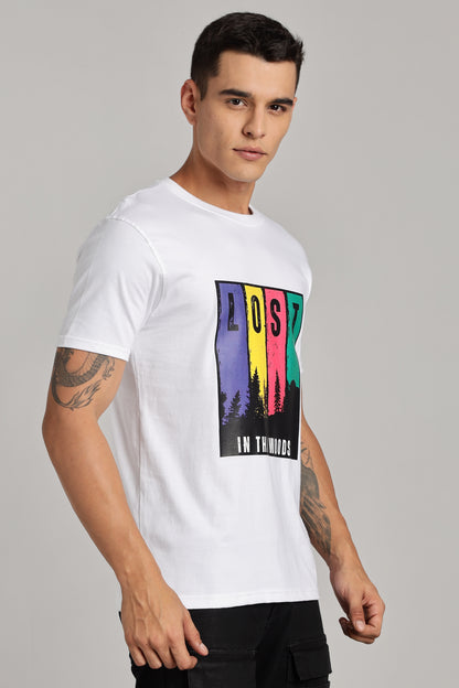 Lost in The Woods - White Cotton Printed T-Shirt
