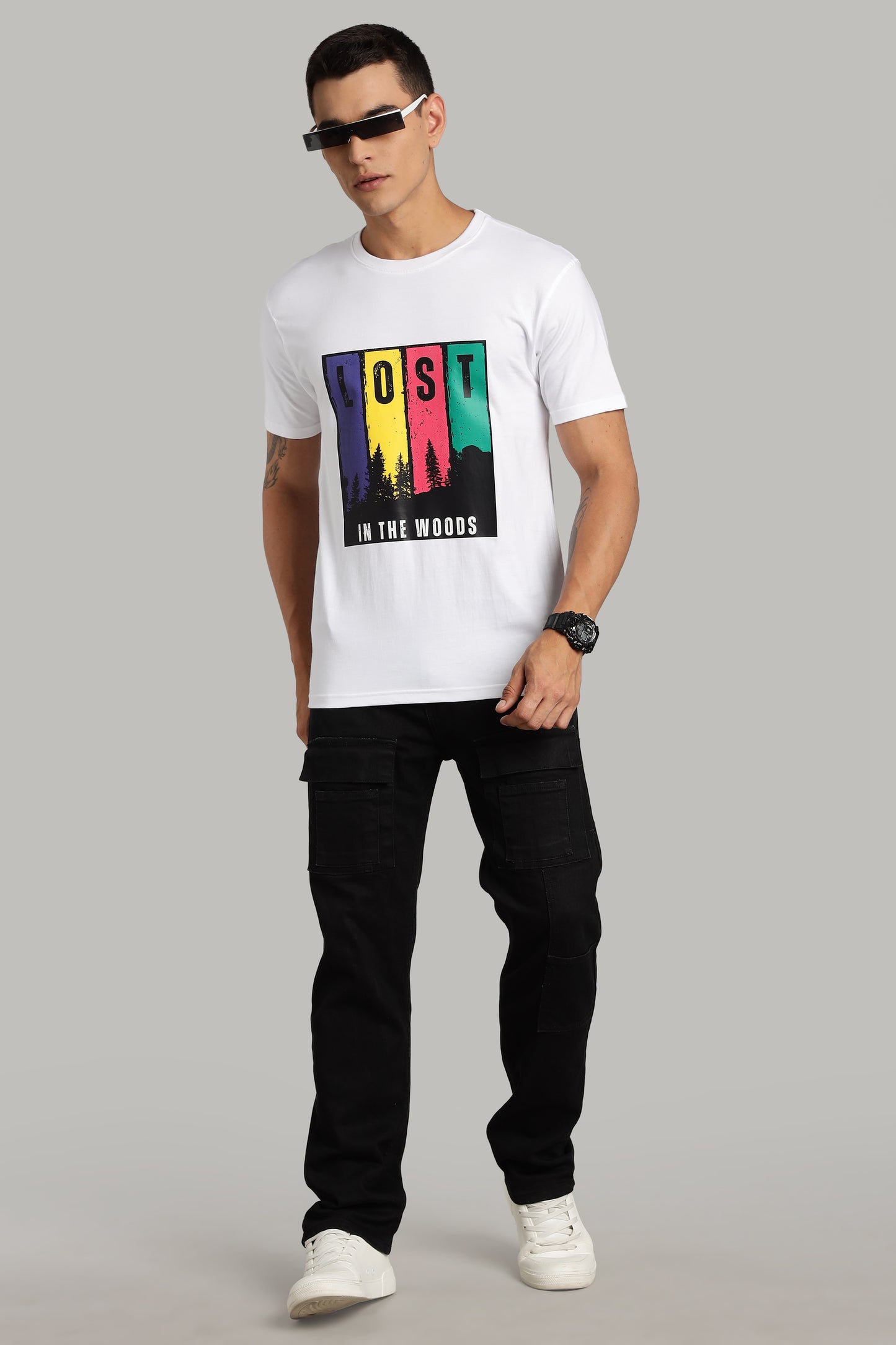 Lost in The Woods - White Cotton Printed T-Shirt
