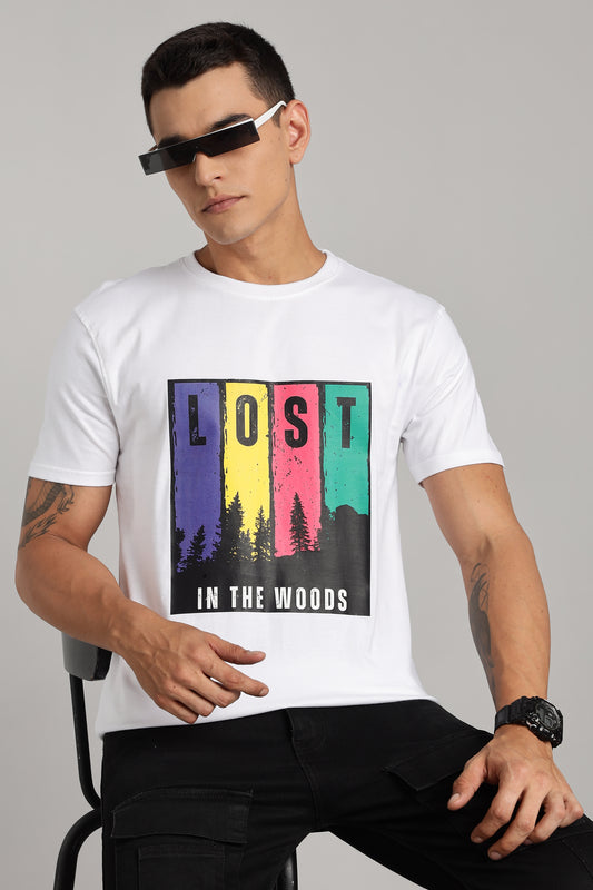 Lost in The Woods - White Cotton Printed T-Shirt