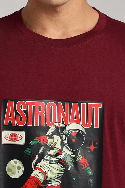 Astronaut - Maroon Cotton Printed T-Shirt