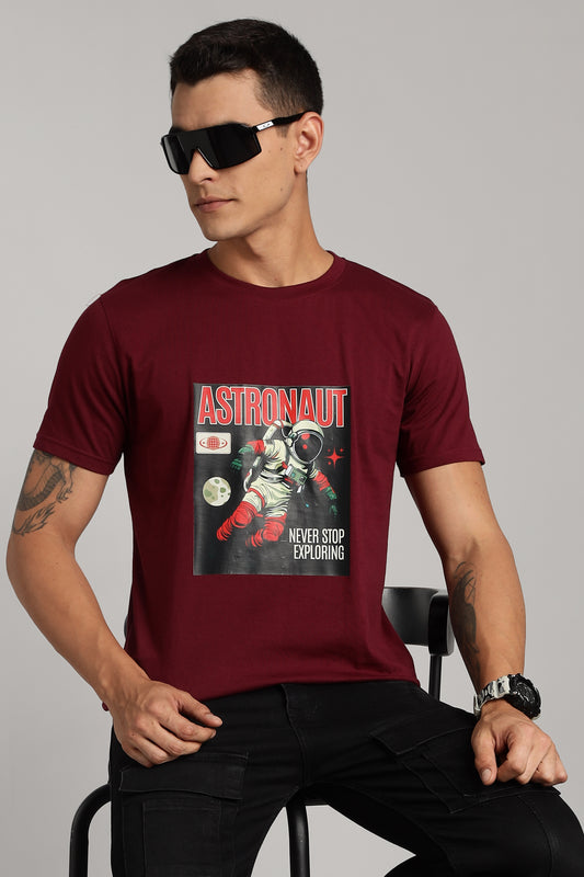 Astronaut - Maroon Cotton Printed T-Shirt