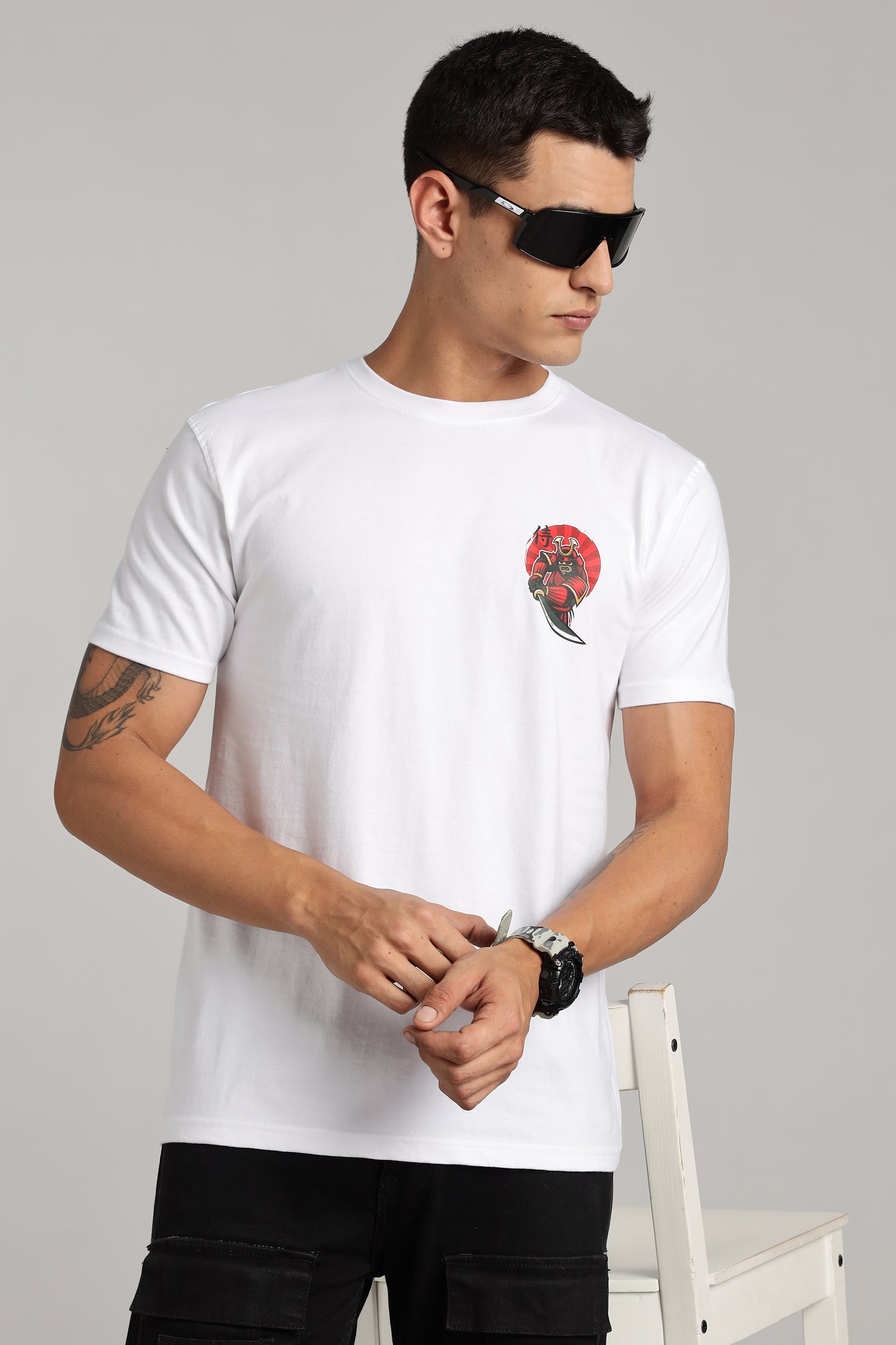 Samurai - White Cotton Printed T-Shirt