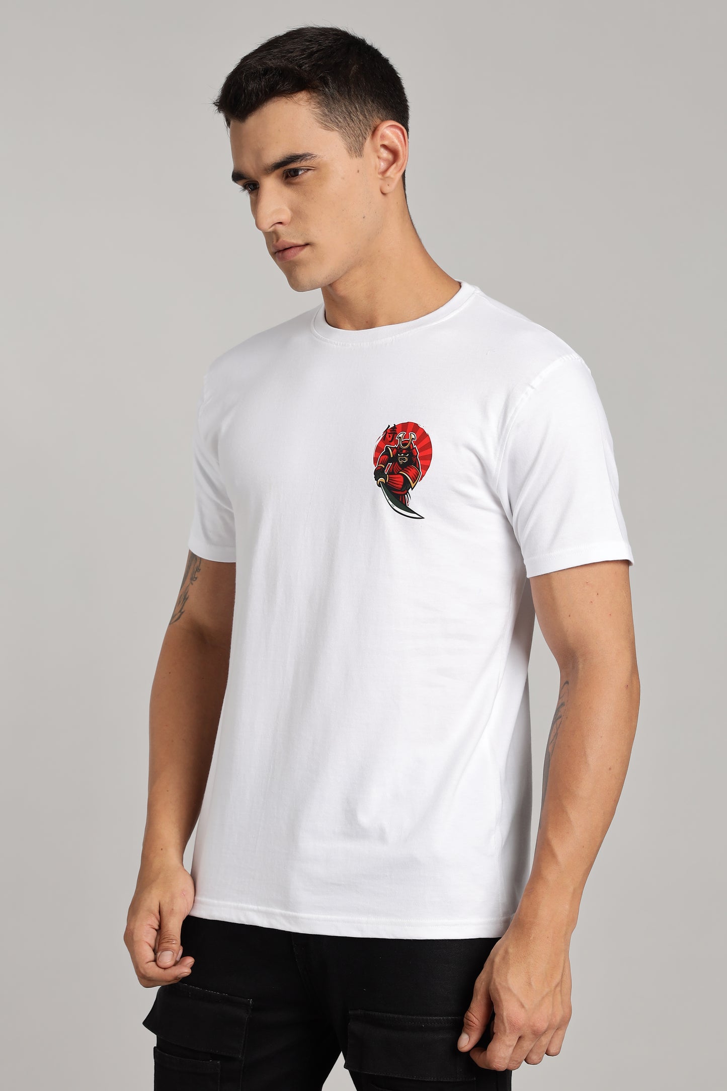 Samurai - White Cotton Printed T-Shirt