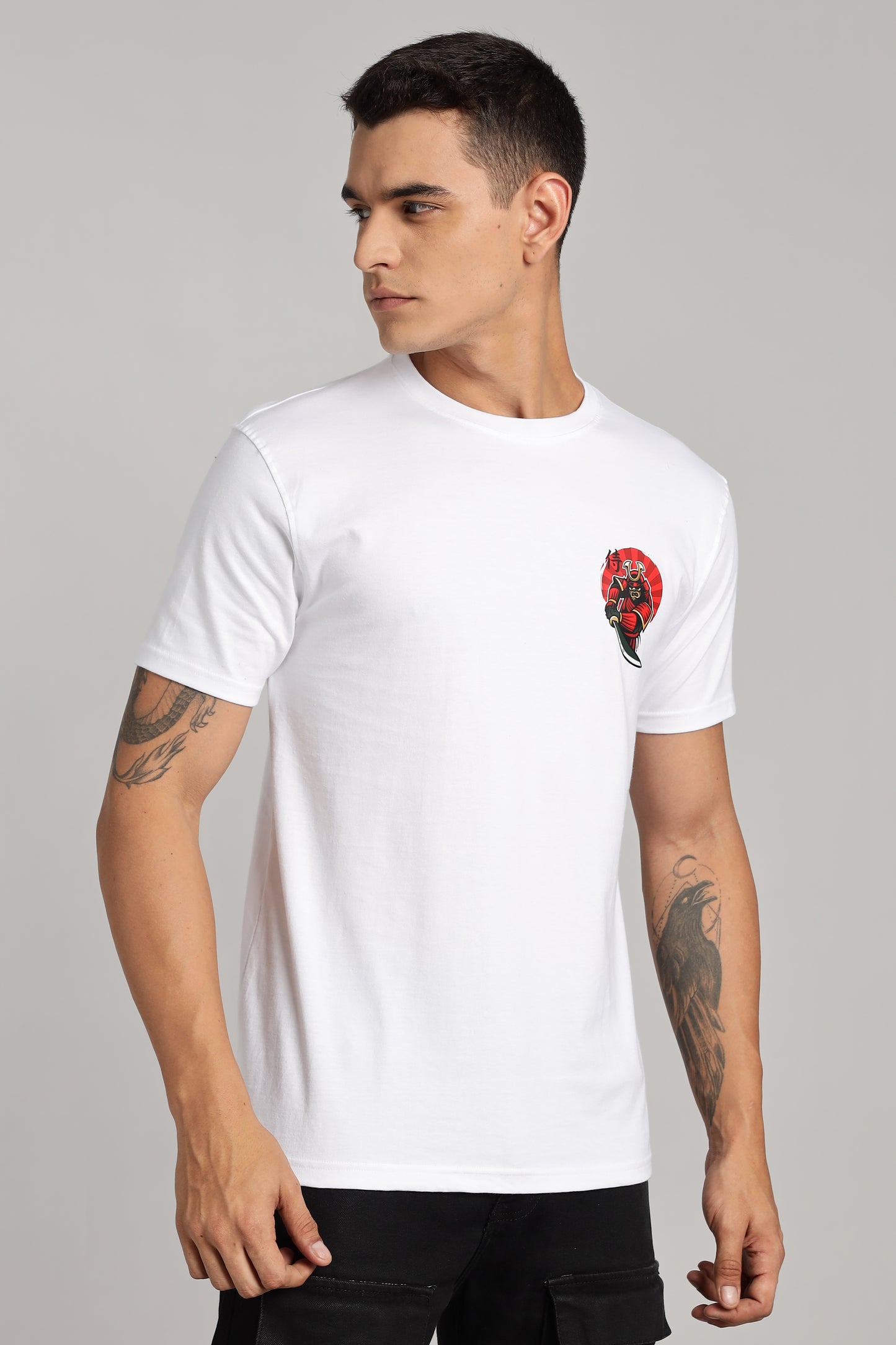 Samurai - White Cotton Printed T-Shirt
