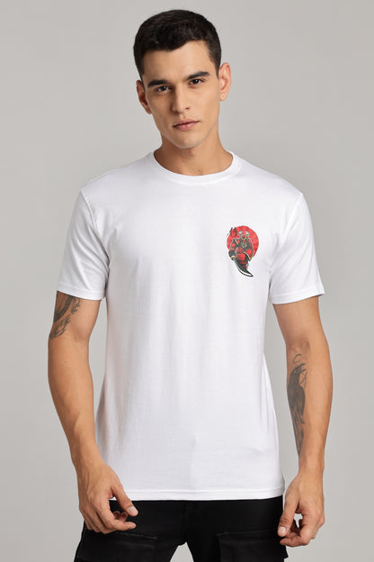 Samurai - White Cotton Printed T-Shirt