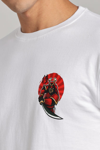 Samurai - White Cotton Printed T-Shirt