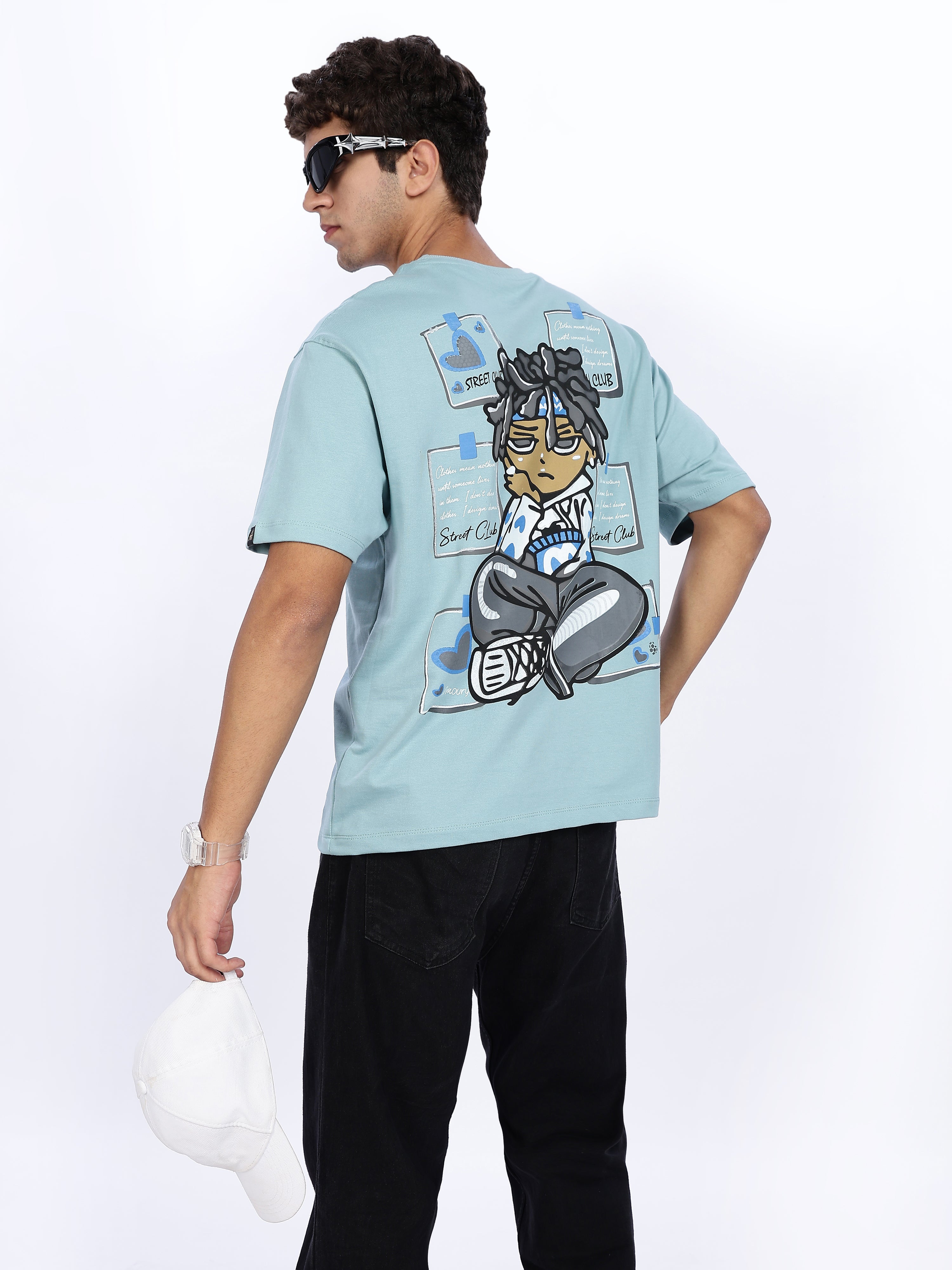 Men's Blue Street Club Graphic Printed Drop Shoulder T-shirt