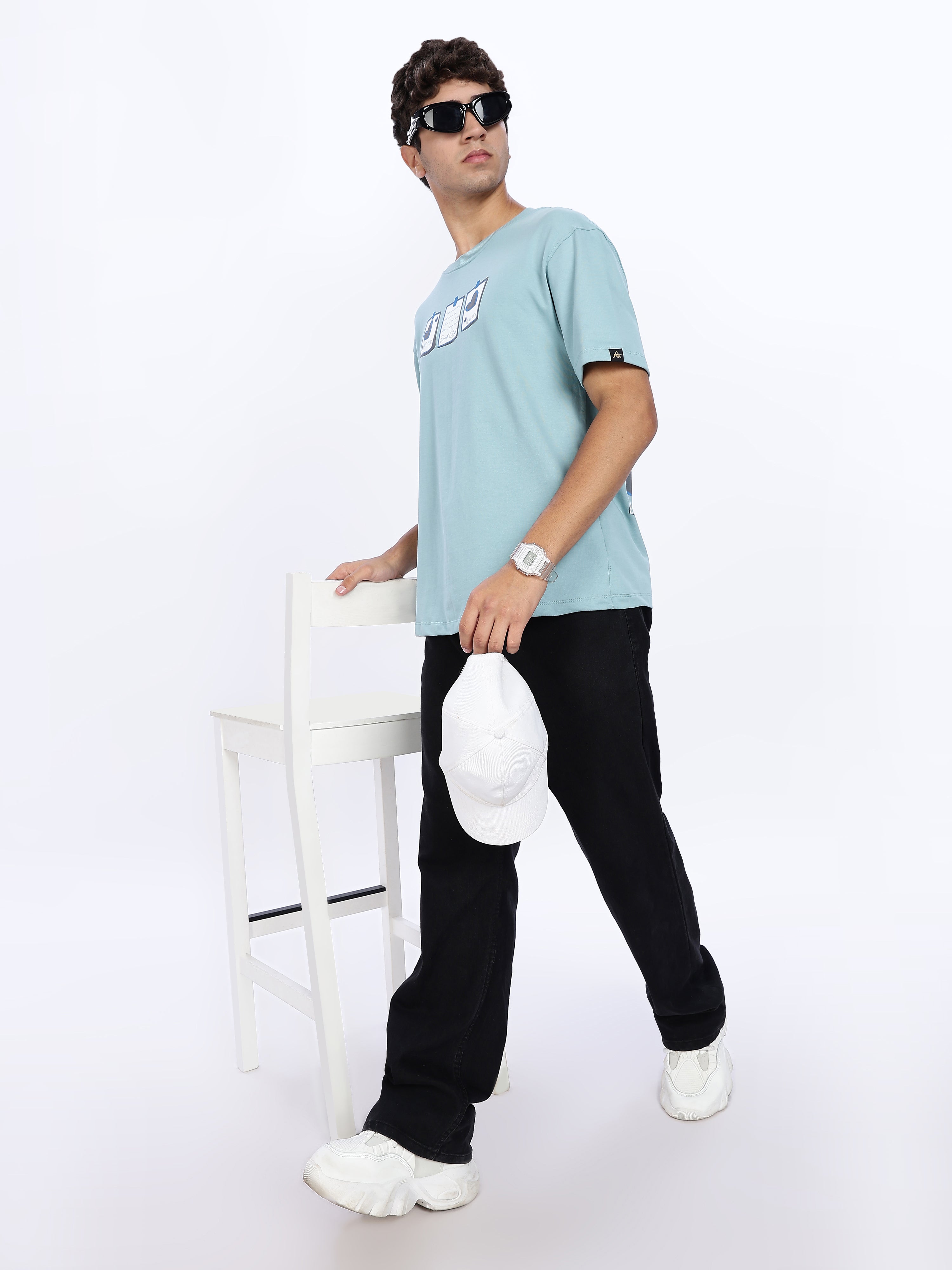 Men's Blue Street Club Graphic Printed Drop Shoulder T-shirt