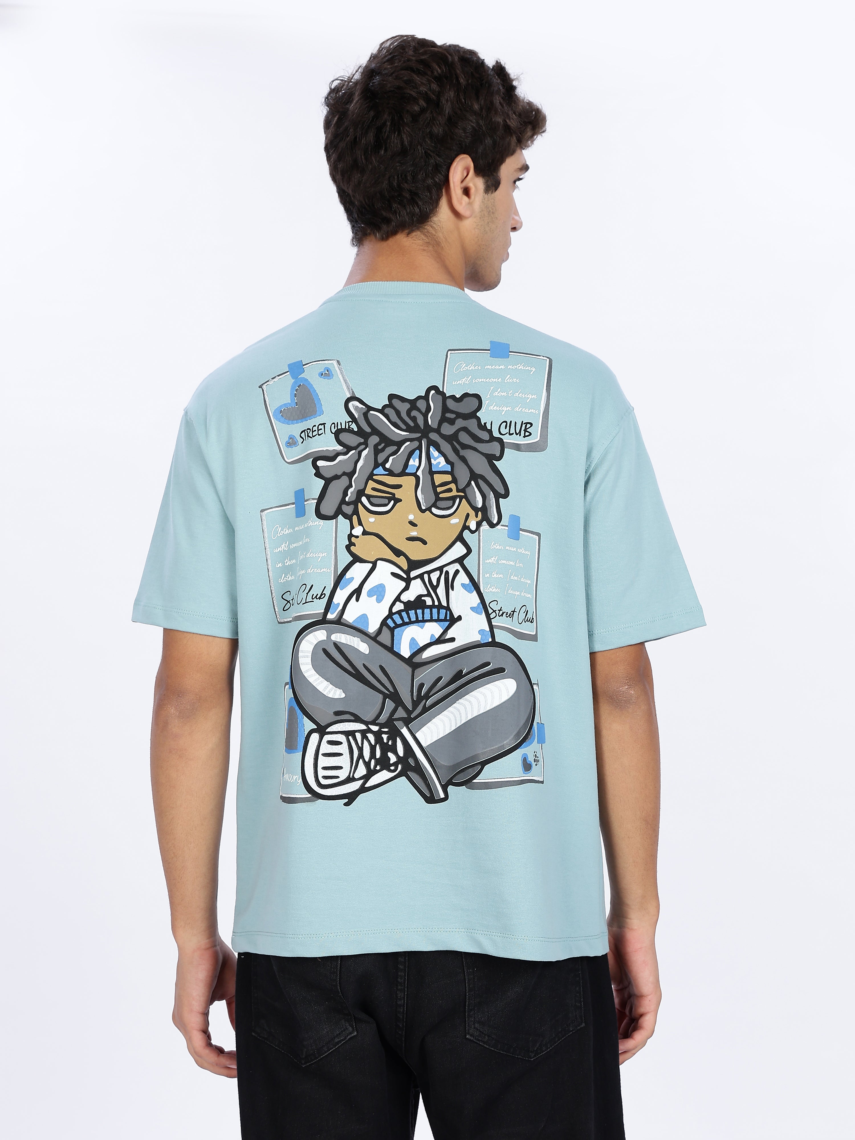 Men's Blue Street Club Graphic Printed Drop Shoulder T-shirt