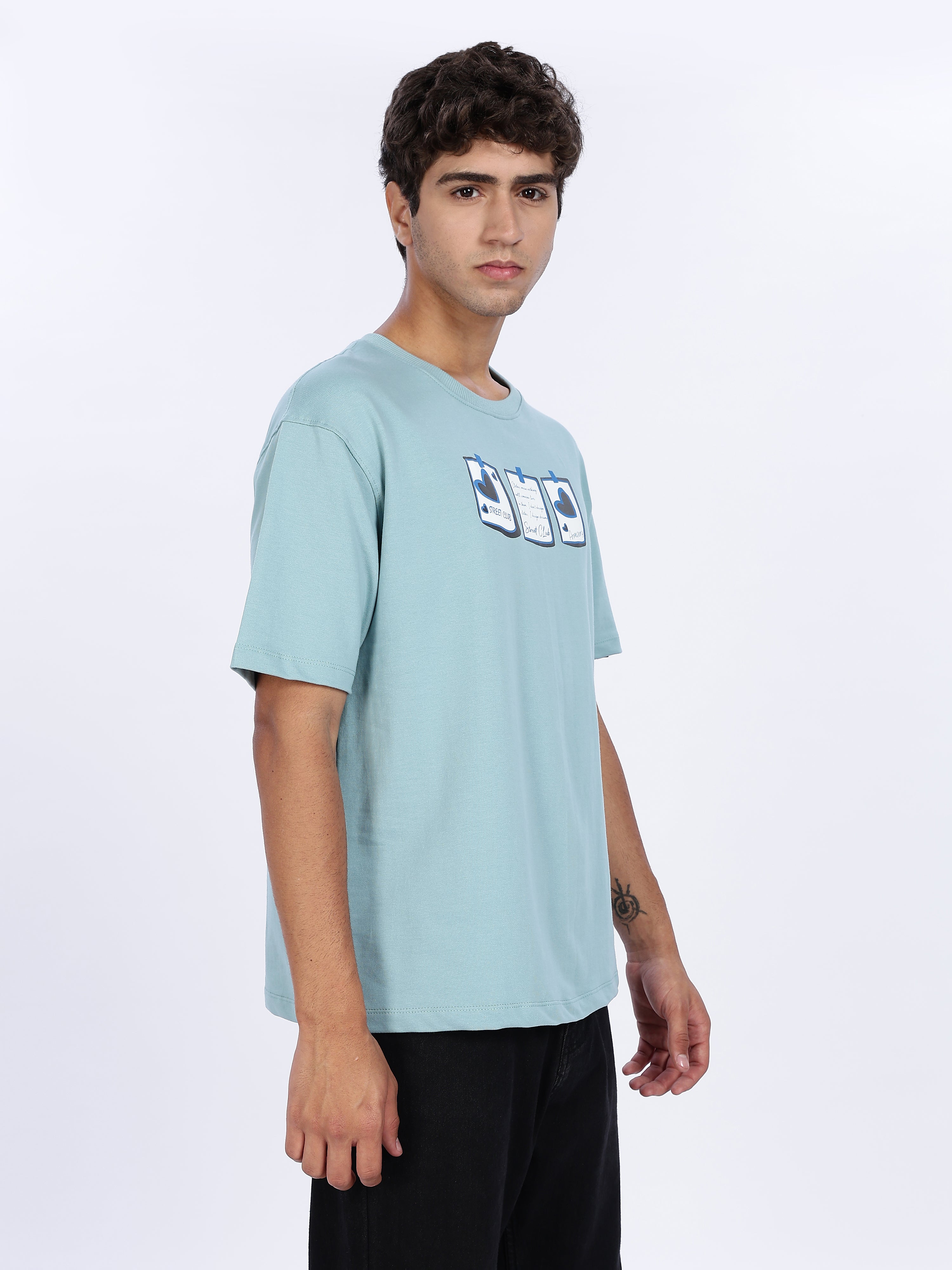 Men's Blue Street Club Graphic Printed Drop Shoulder T-shirt