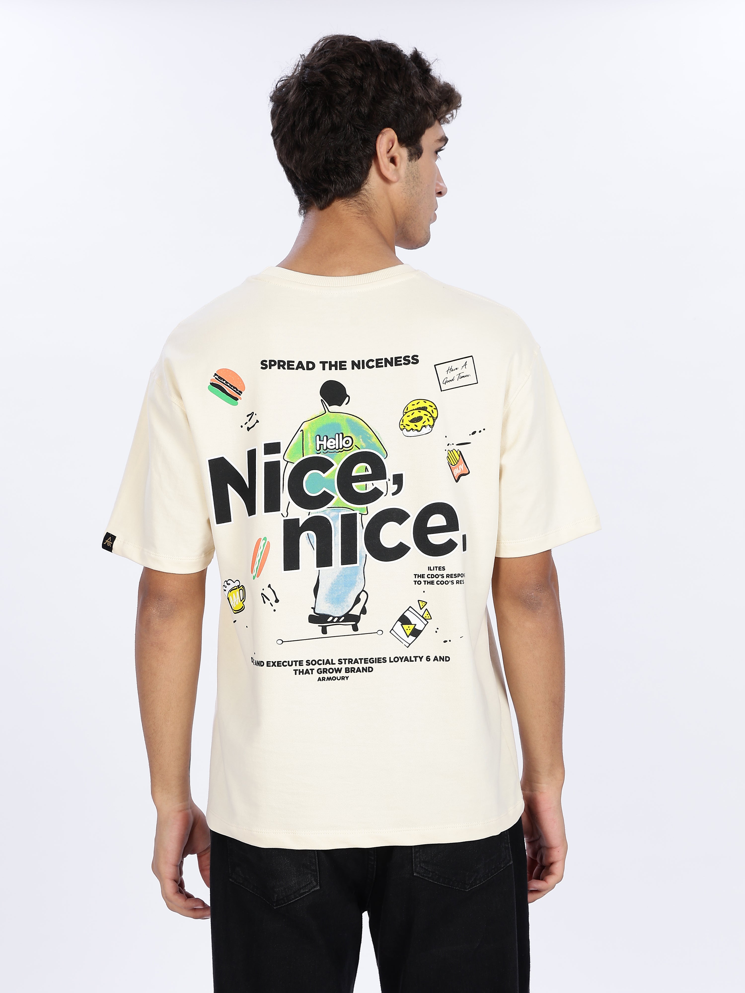 Men's Cream Nice nice Graphic Printed Drop Shoulder T-shirt
