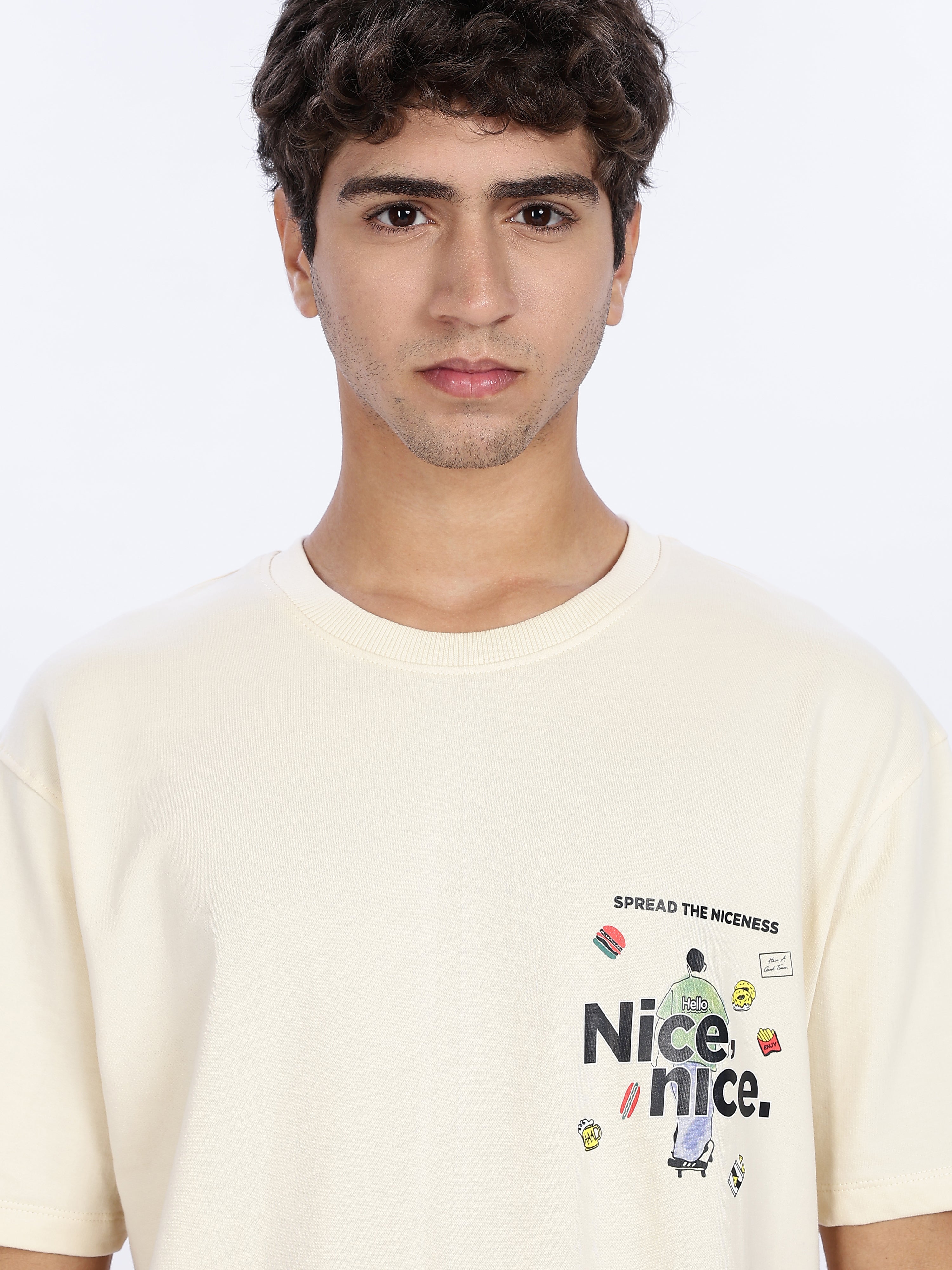 Men's Cream Nice nice Graphic Printed Drop Shoulder T-shirt
