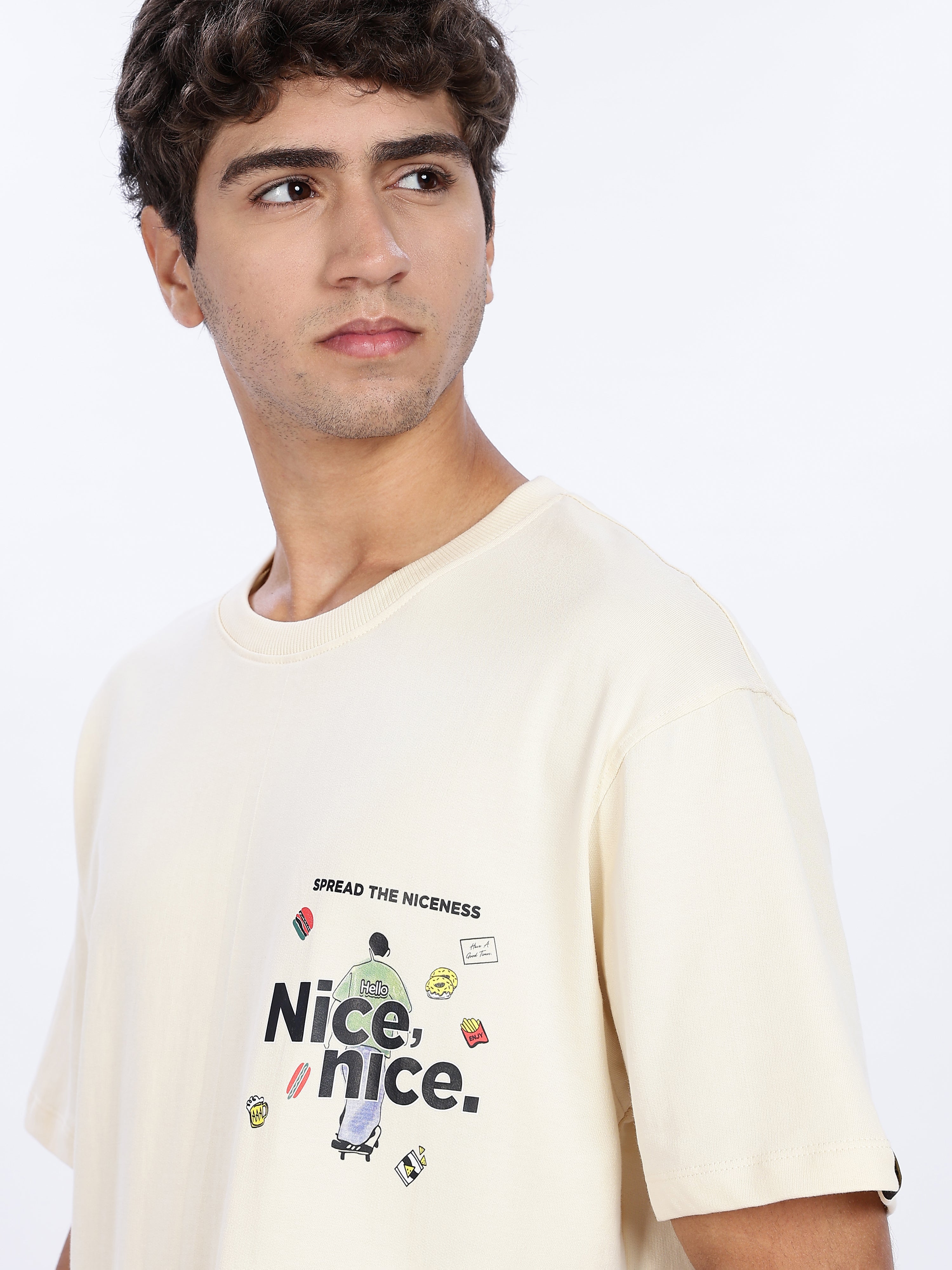 Men's Cream Nice nice Graphic Printed Drop Shoulder T-shirt