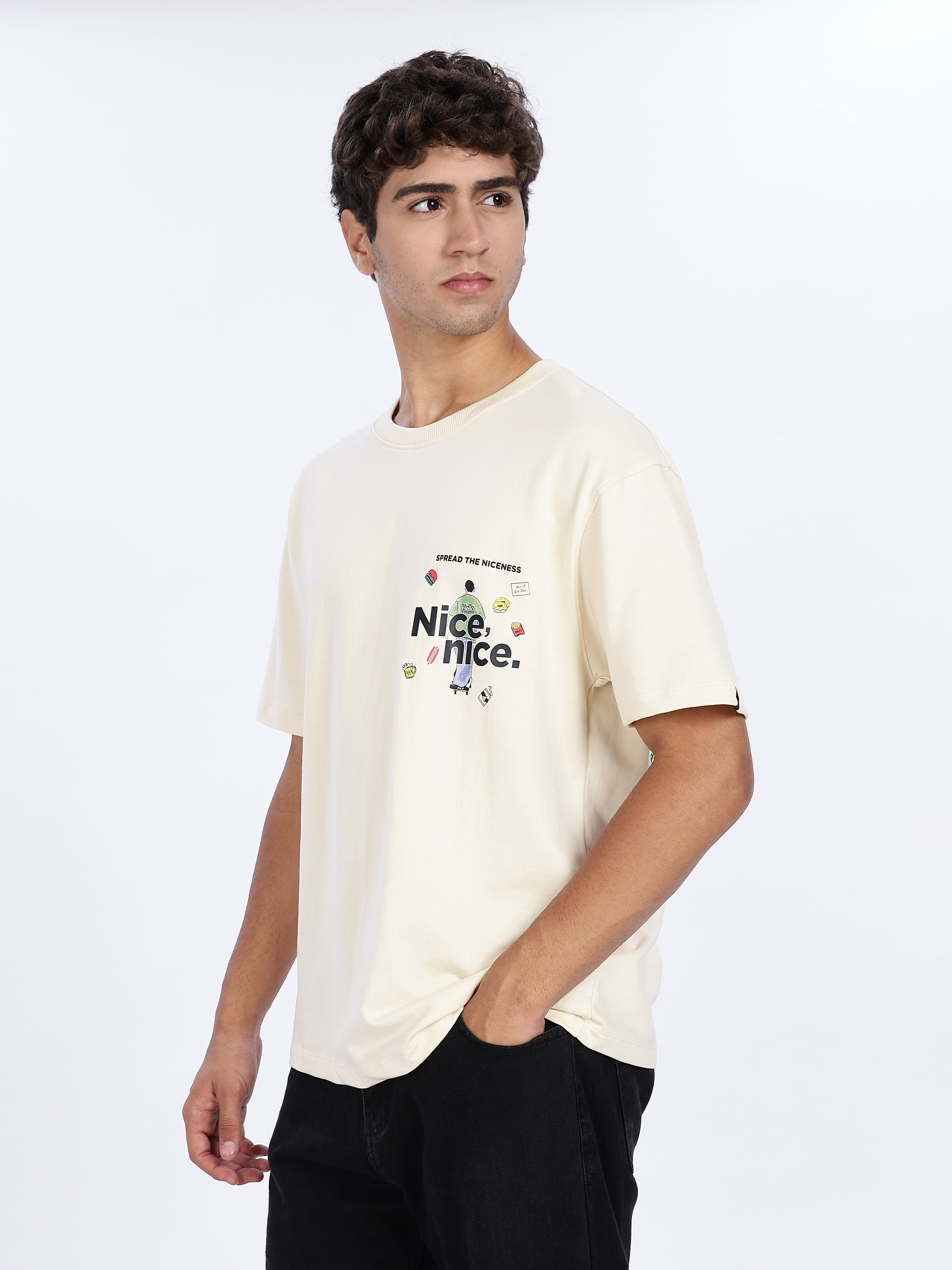 Men's Cream Nice nice Graphic Printed Drop Shoulder T-shirt