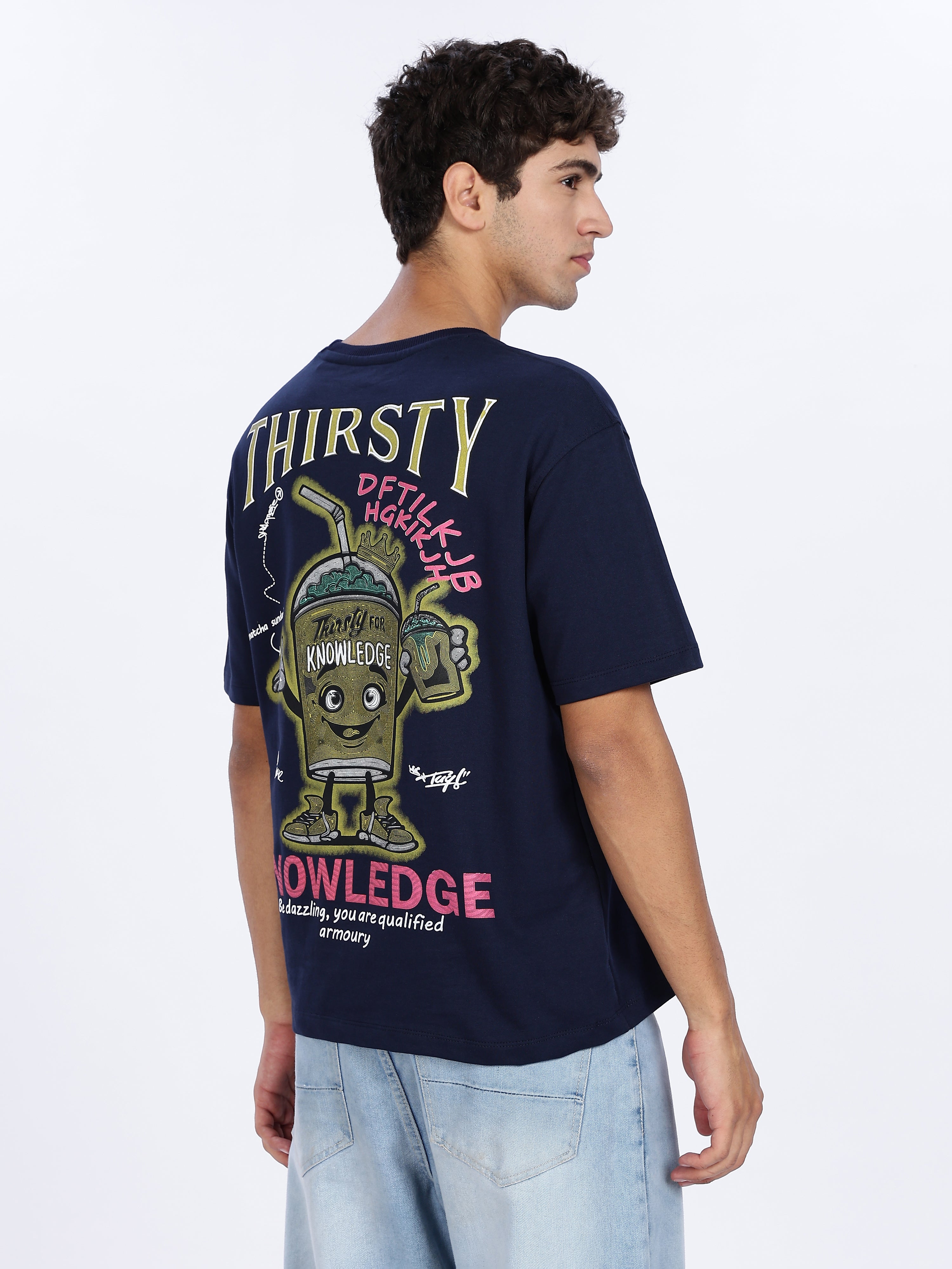 Men's Blue Thirsty for Knowledge Graphic Printed Drop Shoulder T-shirt