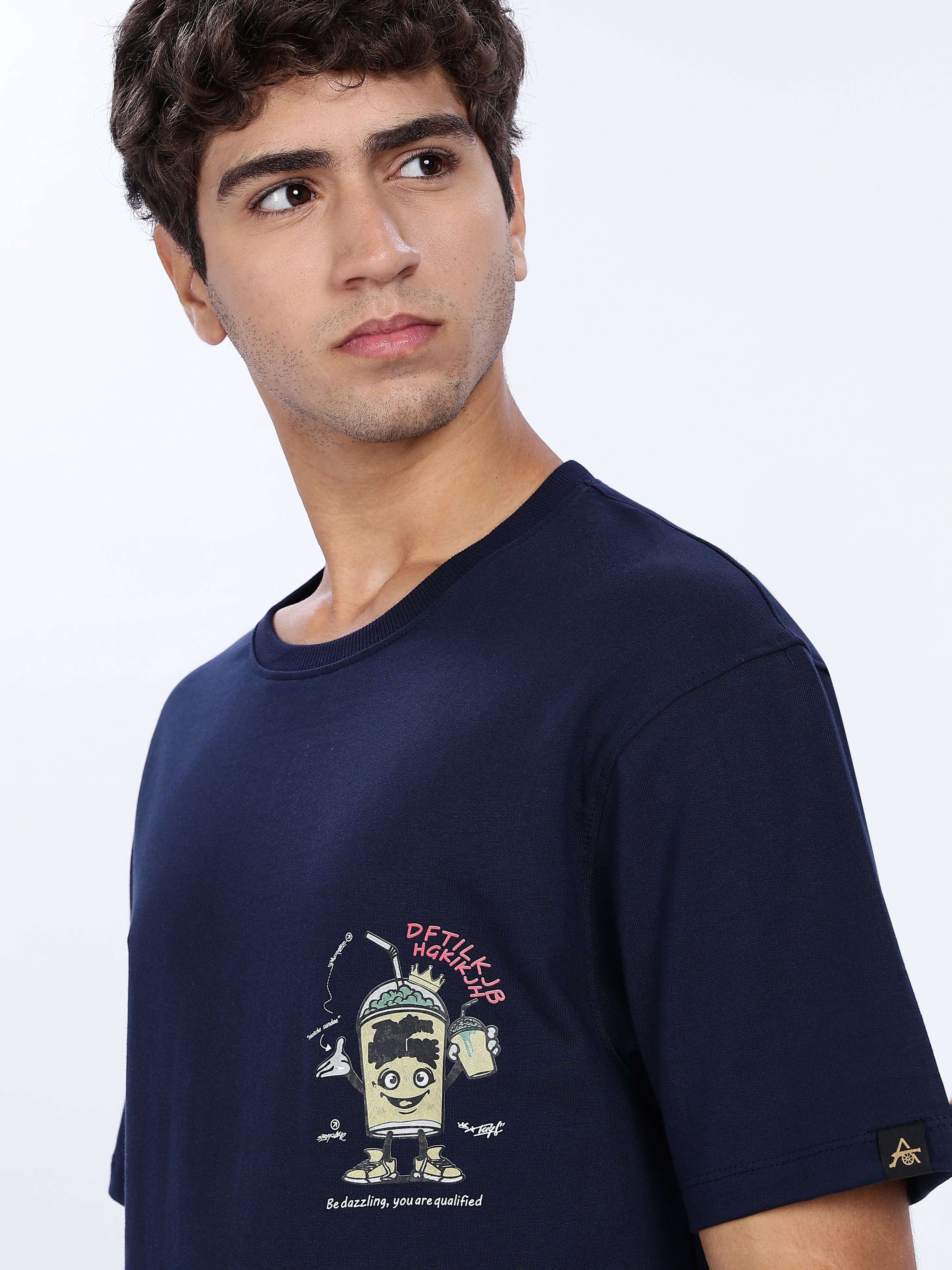 Men's Blue Thirsty for Knowledge Graphic Printed Drop Shoulder T-shirt