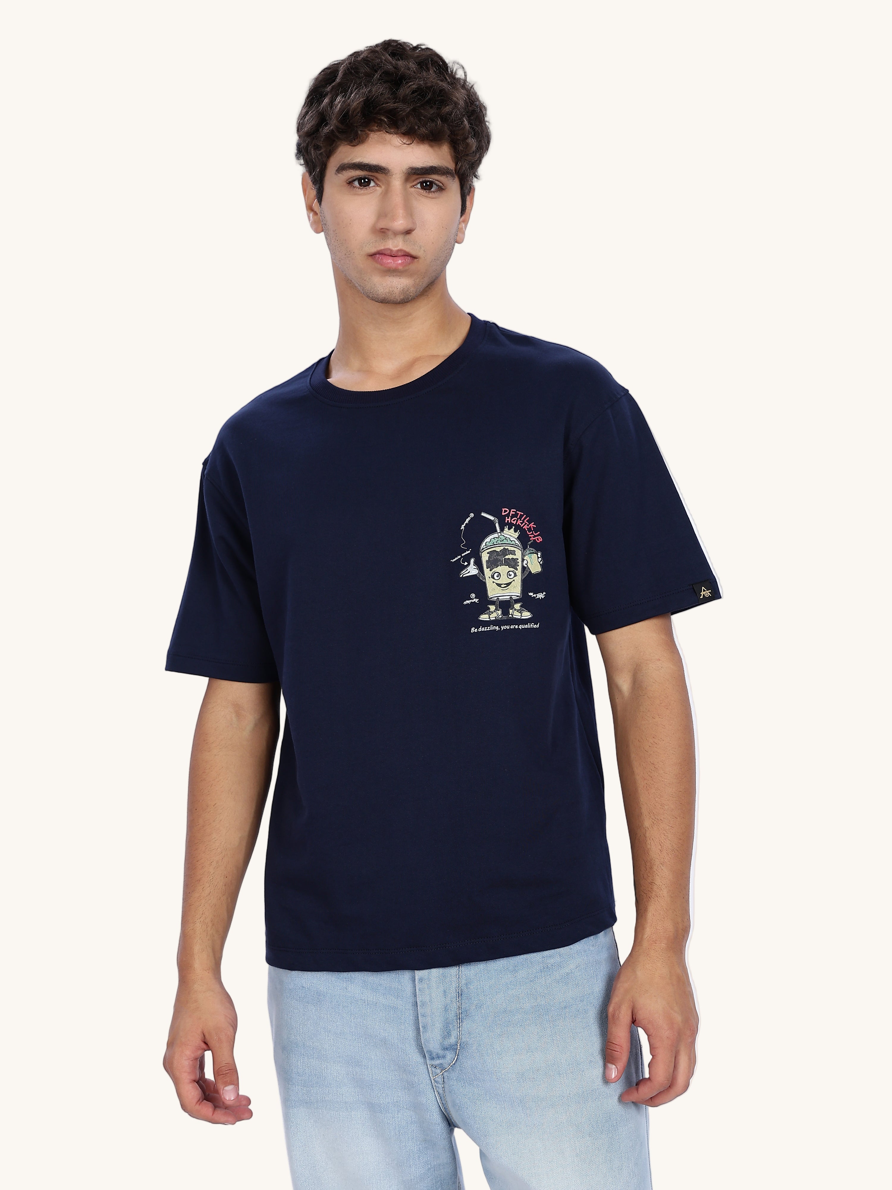 Men's Blue Thirsty for Knowledge Graphic Printed Drop Shoulder T-shirt