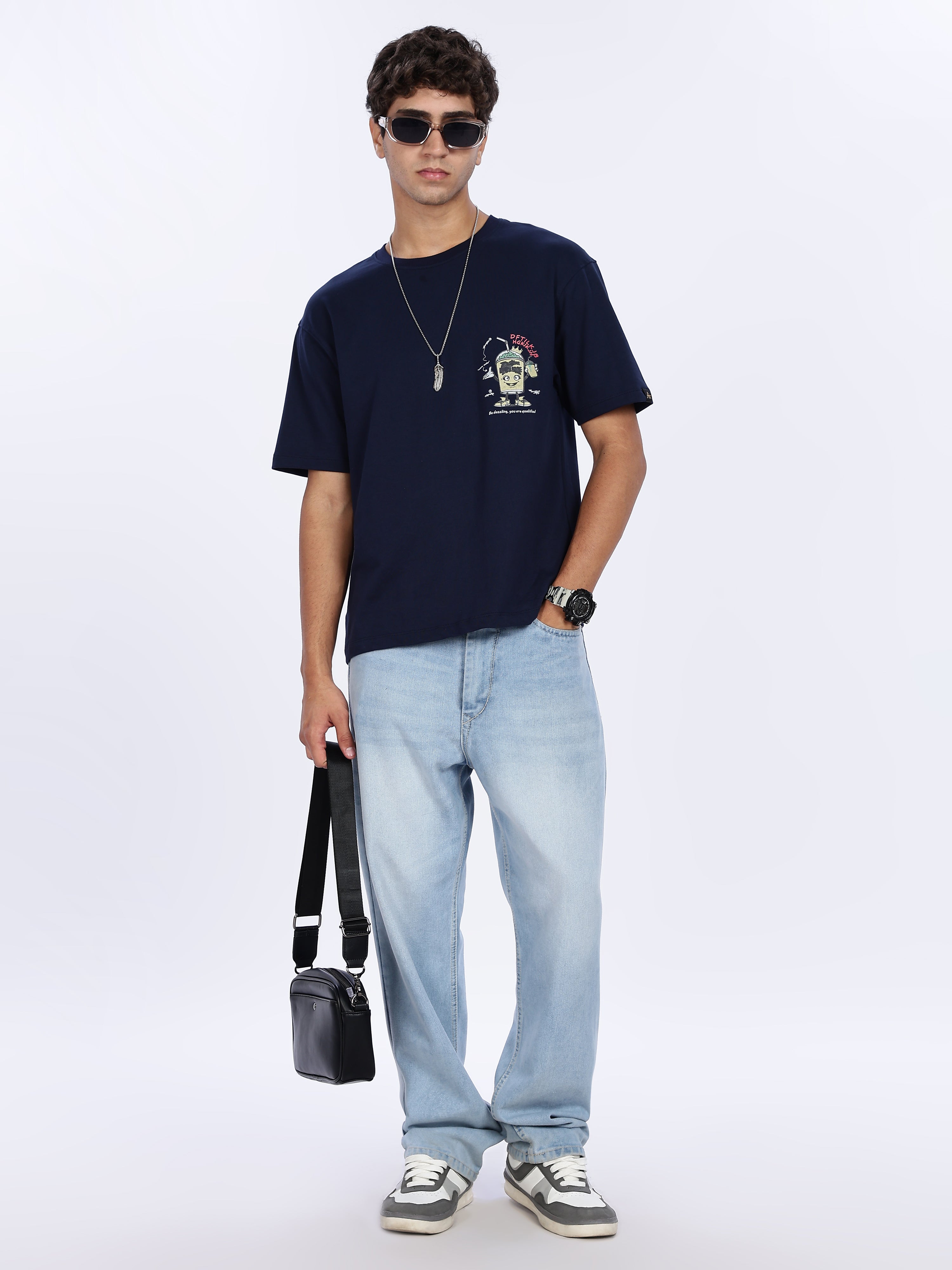 Men's Blue Thirsty for Knowledge Graphic Printed Drop Shoulder T-shirt