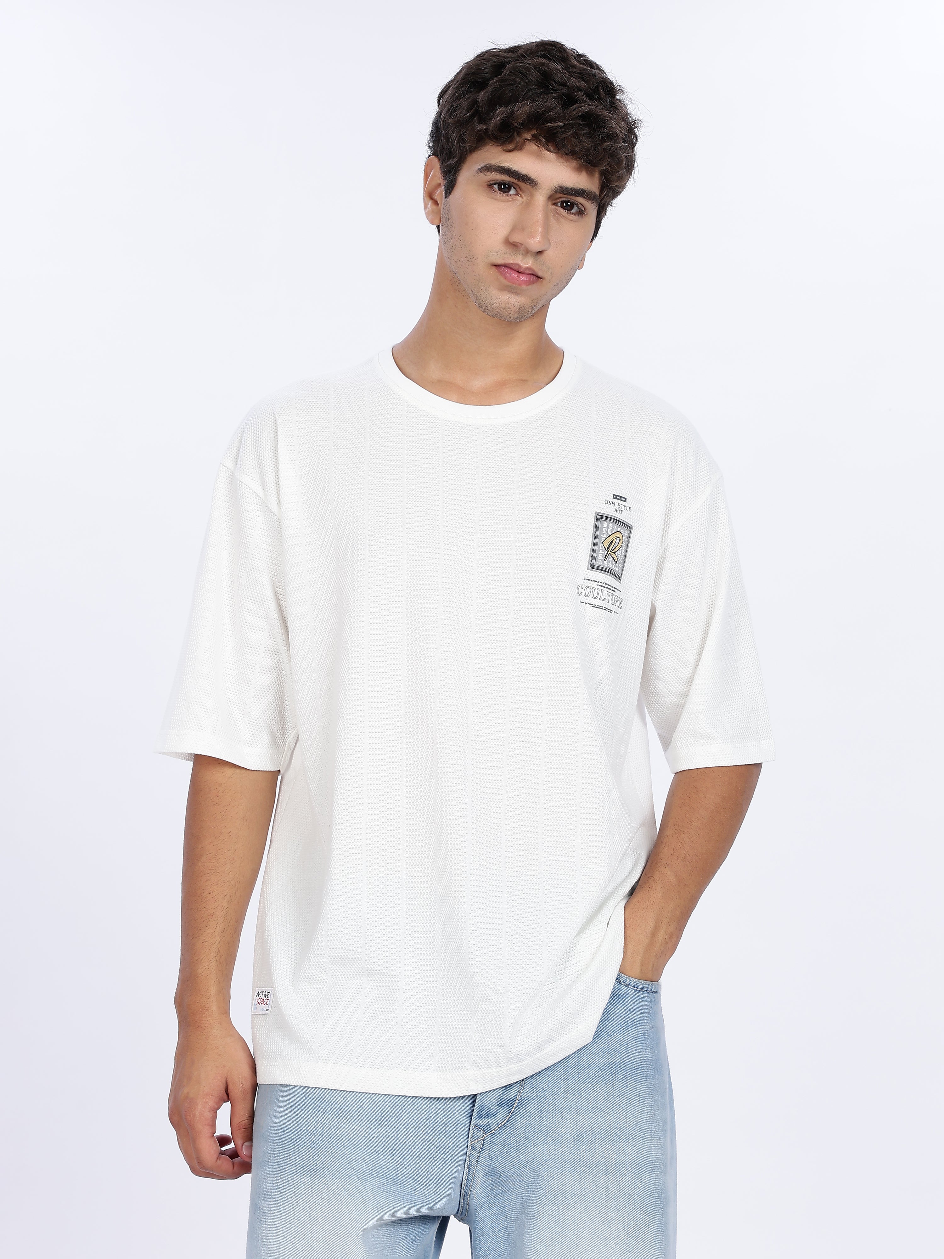Men's Try Graphic Printed with Woven Stickers Drop Shoulder T-shirt