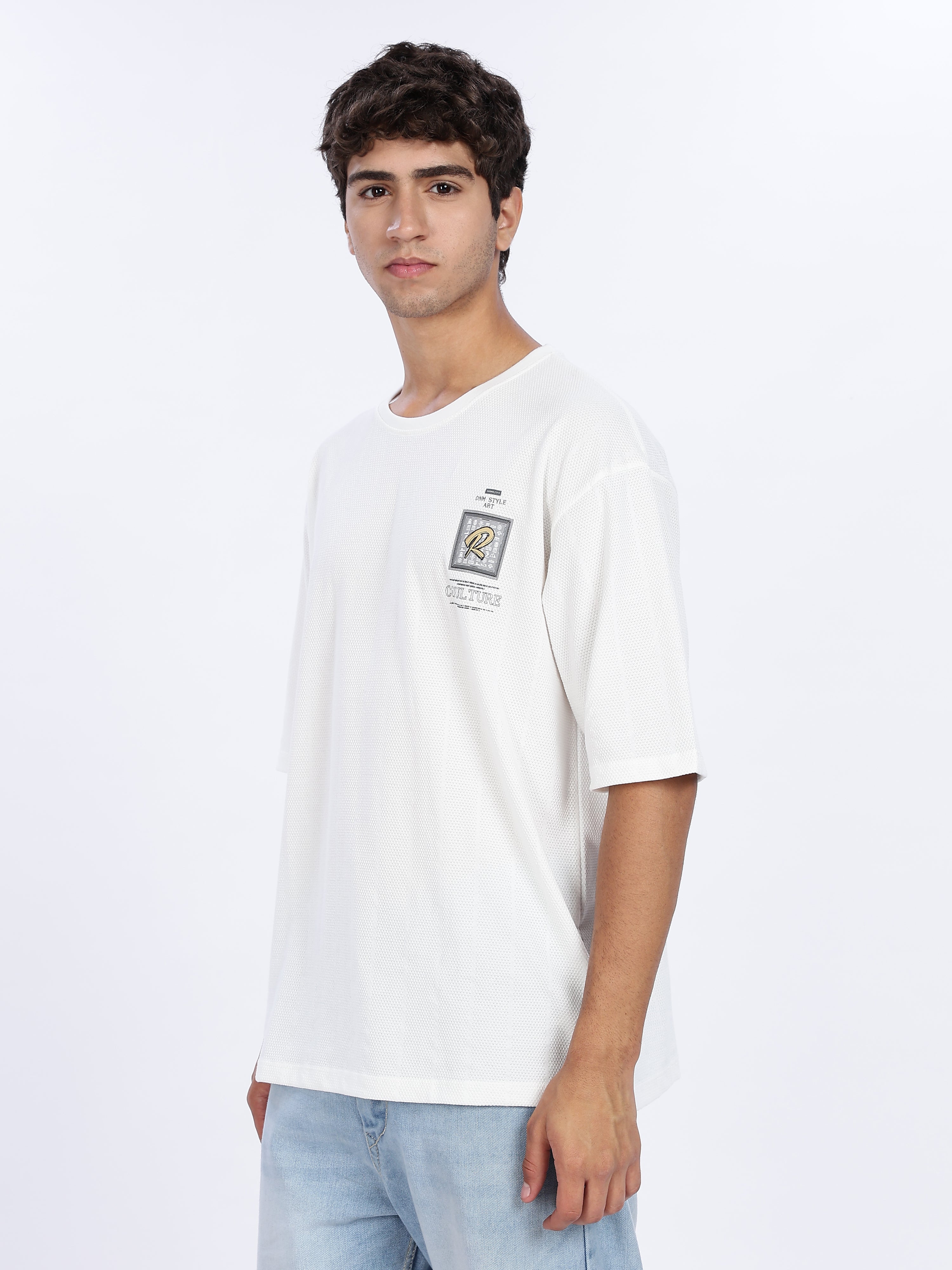 Men's Try Graphic Printed with Woven Stickers Drop Shoulder T-shirt